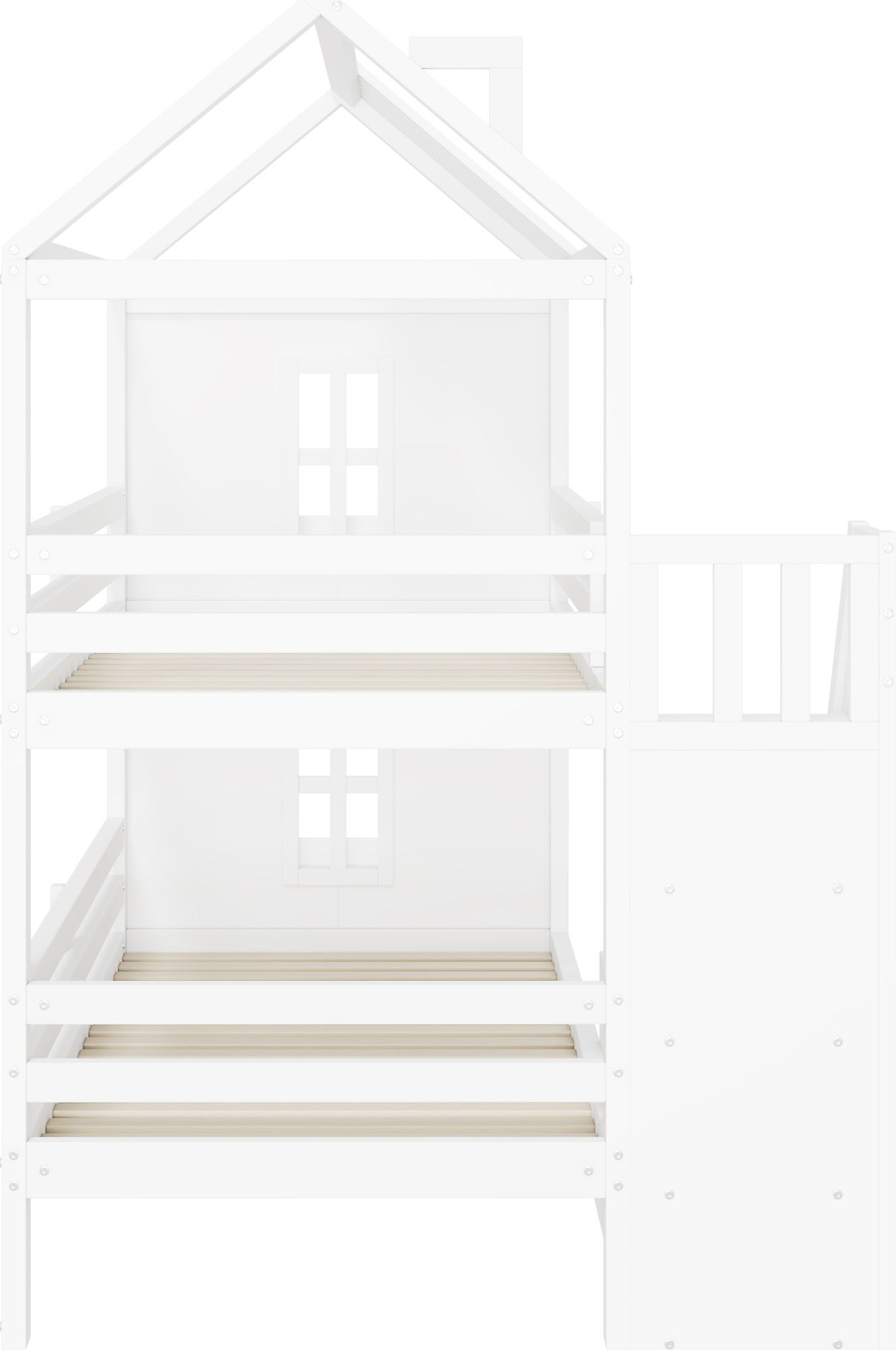Flieks Etagenbett 90x200cm mit Schubladen, Kinderbett Hausbett mit Rausfallschutz, Hochbett mit Treppe und Ablagen, Stockbett Einzelbett, Weiß