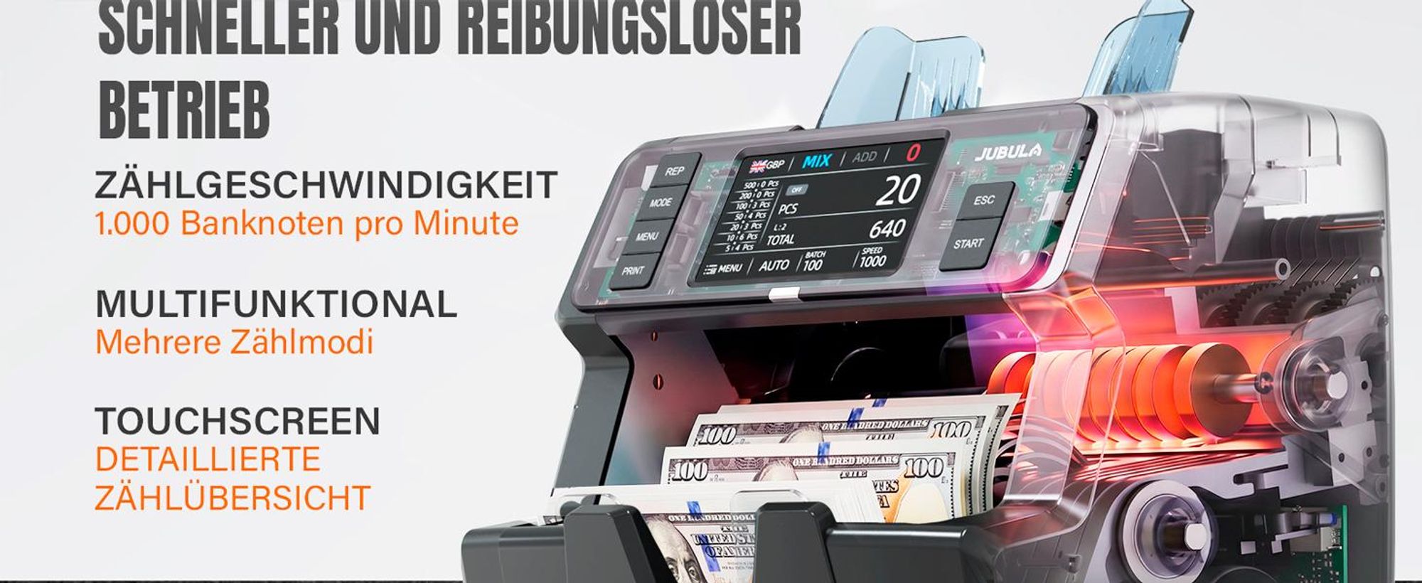 Jubula MV-400 Geldzählmaschine mit MPR-1 Drucker, Touchscreen, gemischter Wertzählung, Falschgelderkennung, 10 Währungen