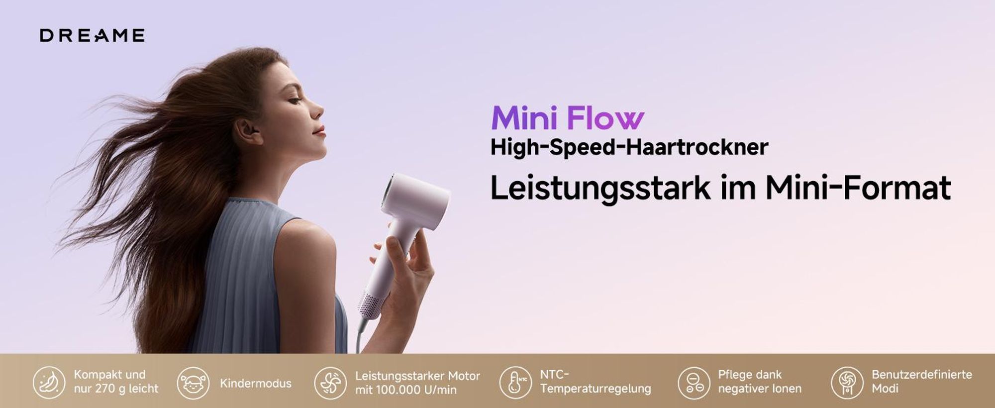 Dreame Mini Flow Hochgeschwindigkeits-Haartrockner,270g,schnelltrocknend,100K U/min Motor,NTC-Temperaturregelung,Ionen-Technologie,5 modi,Lila