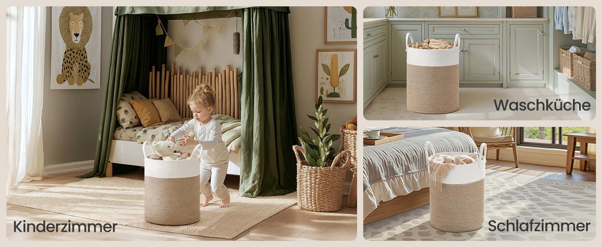 SONGMICS Wäschekorb, Wäschesammler für Kinder, Aufbewahrungskorb, Baumwollseil, mit Henkel, für Decken, Kuscheltier Aufbewahrung, Schlafzimmer