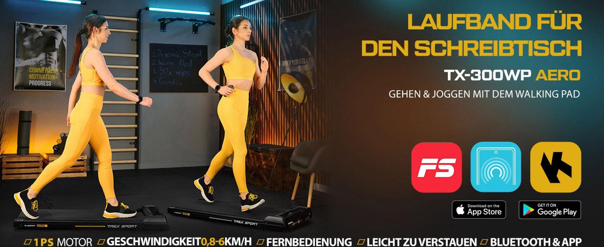 TREX SPORT Laufband für Zuhause elektrisch TX-300WP AERO | Home-Office Walking Pad LED-Anzeige mit Bluetooth, Fernbedienung, bis 6 km/h, leiser Motor