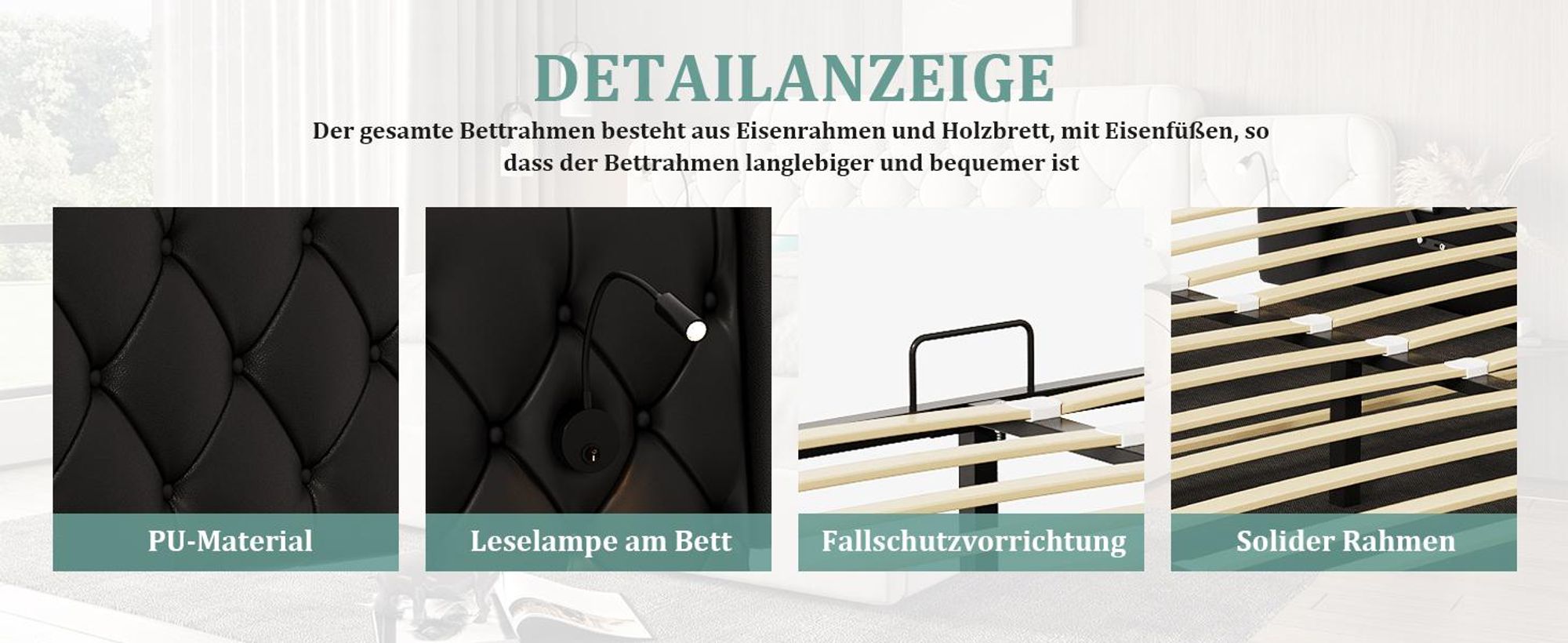 LVHOM Polsterbett 180x200 cm mit Leselampen und USB, Hydraulisches Boxspringbett mit Bettkasten, Doppelbett Kunstleder, Funktionbett, Schwarz