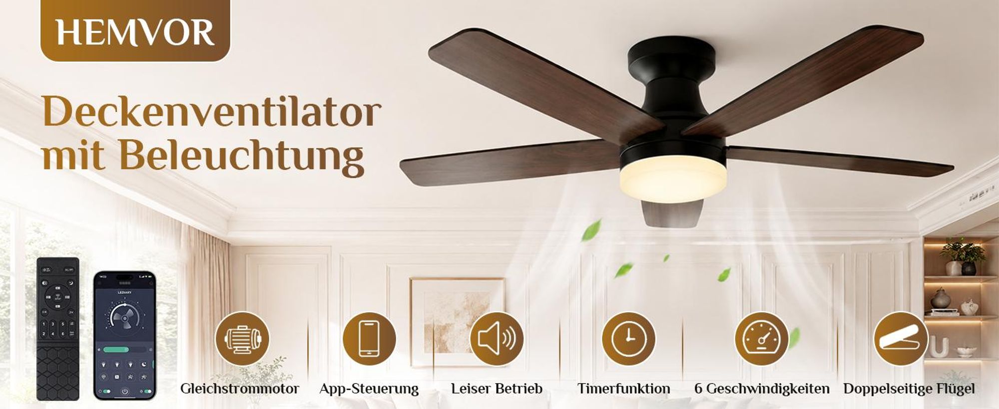 106cm Deckenventilator mit Beleuchtung und Fernbedienung, DC Motor, 3 Farbtemperatur Dimmbar, 6 Stufen, APP-Steuerung, Doppelseitige Flügeln