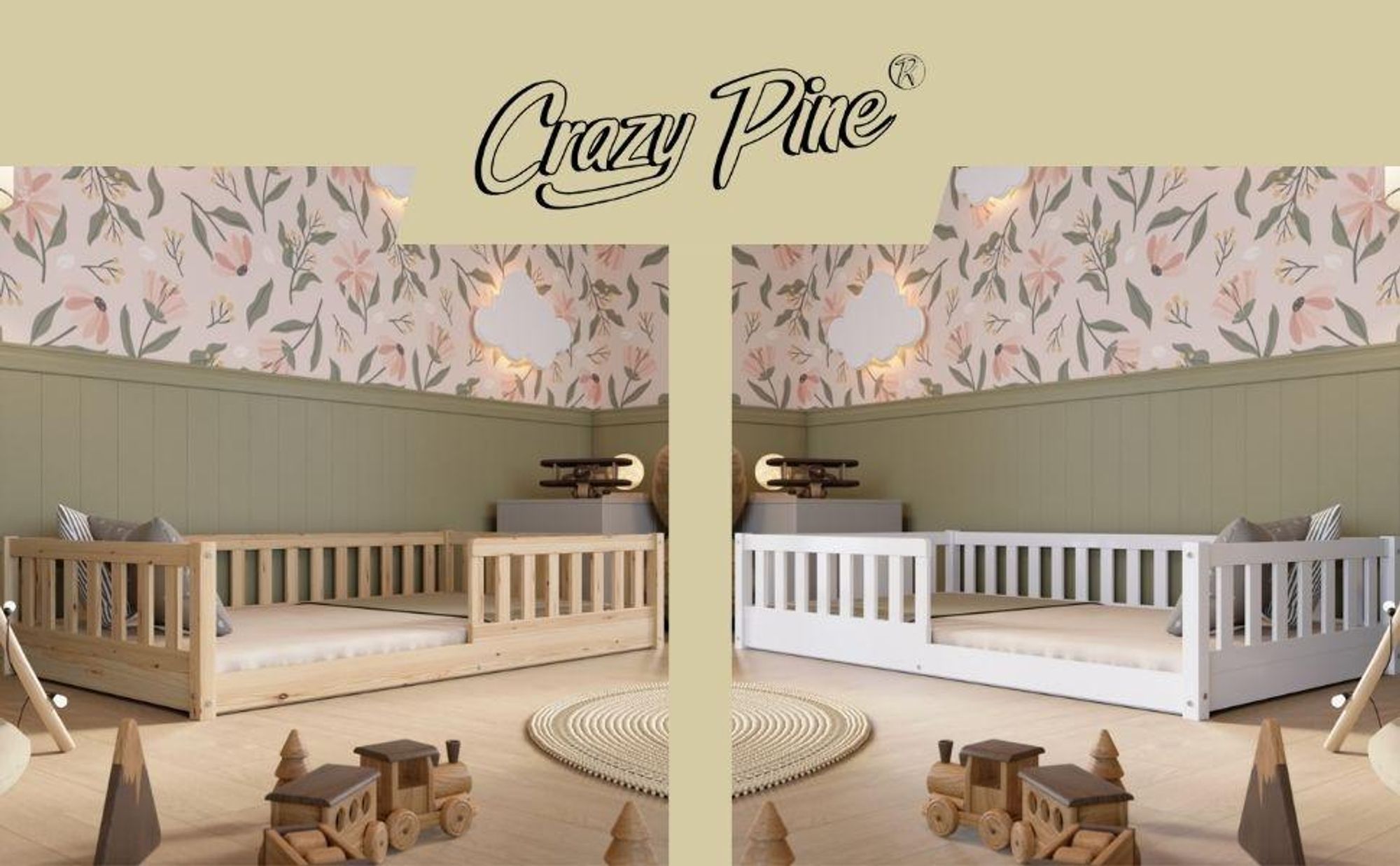 Letto Montessori Da Pavimento 140x200 Cm Con Sponde E Porticina: Letto Per Bambini In Legno Di Pino, Anticaduta - 2