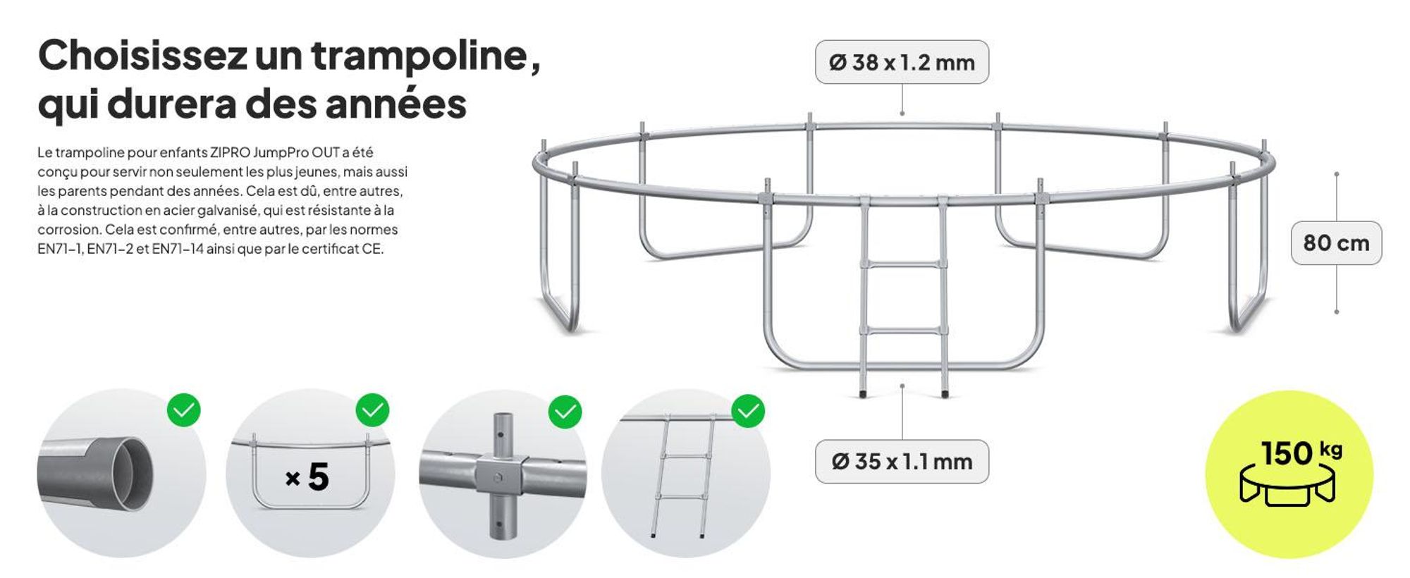 Trampoline ZIPRO Jump Pro Out | 12FT Ø 374 cm | Trampoline de jardin Trampoline pour enfants Kit complet avec filet extérieur, échelle et housse de protection, pour l'extérieur, vert