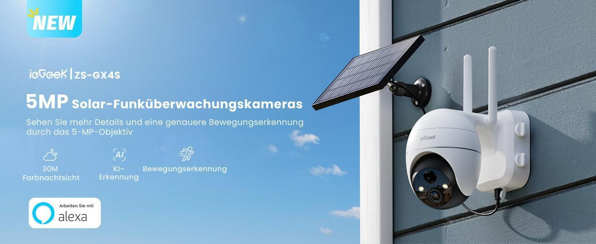 2K Überwachungskamera Aussen WiFi 5MP 360° PTZ Solar Kamera 30M Farbige Nachtsicht PIR Bewegungserkennung Alexa Kompatibel 4DBi WLAN-Antenne mit 64G