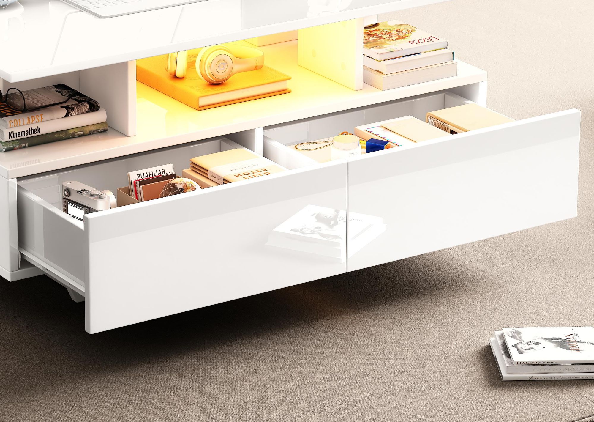 Merax Hochglanz-Couchtisch mit LED 90x55x41 cm, Beistelltisch mit 2 Schubladen, Sofatisch mit Stauraum und Fernbedienung – Weiß