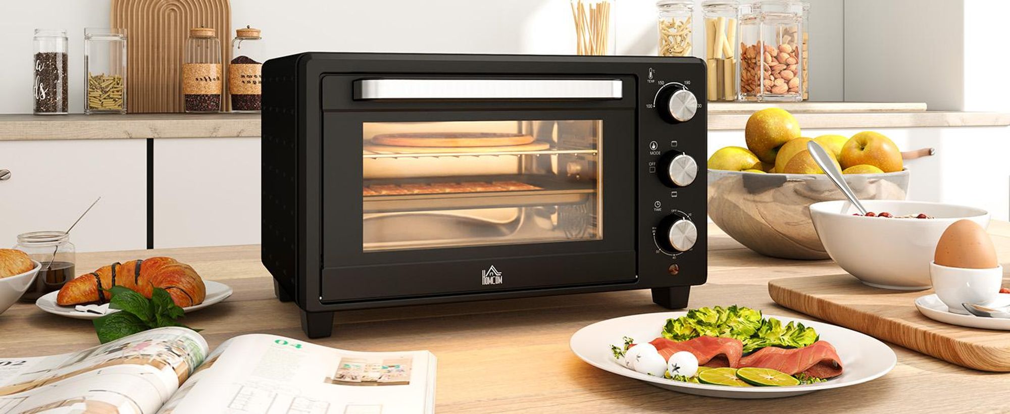 Homcom Minibackofen 32L 1600W Elektrischer Mini Ofen mit Schlackenauffangwanne Metall Edelstahl Glas Silber 52,2 x 38,1 x 33,5 cm, 32 l, Silber, Freistehend, Drehregler, 6 Scheibe(n), 100 - 230 °C