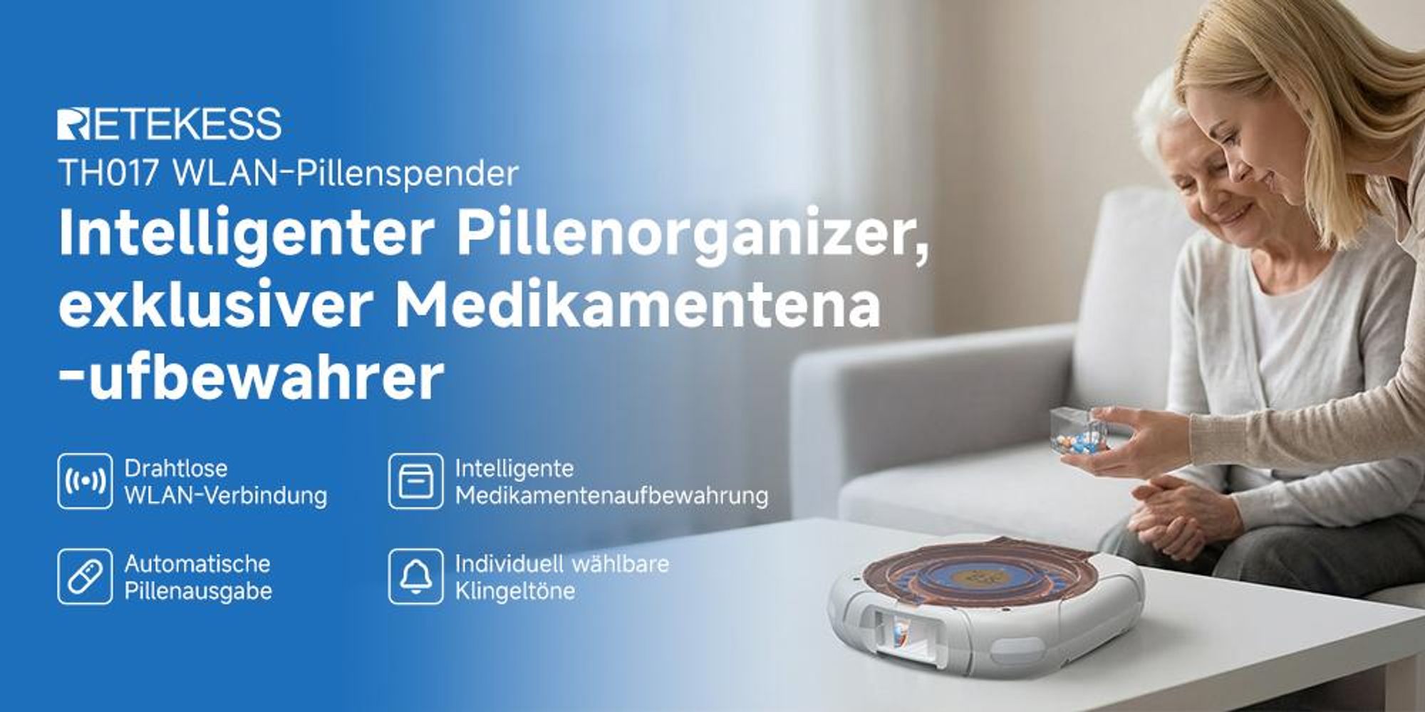 Retekess TH017 Smart-Pillenbox, Drahtlose WLAN-Kommunikation, Automatischer Pillenauswurf, 21 Pillenfächer, zwei Stromversorgungsoptionen,für Senioren