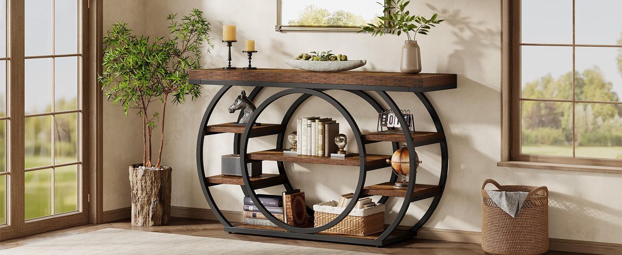 Tribesigns Table console, 120 cm, table d'entrée industrielle à 5 niveaux avec cadre métallique, table basse étroite derrière le canapé, couloir, marron rustique