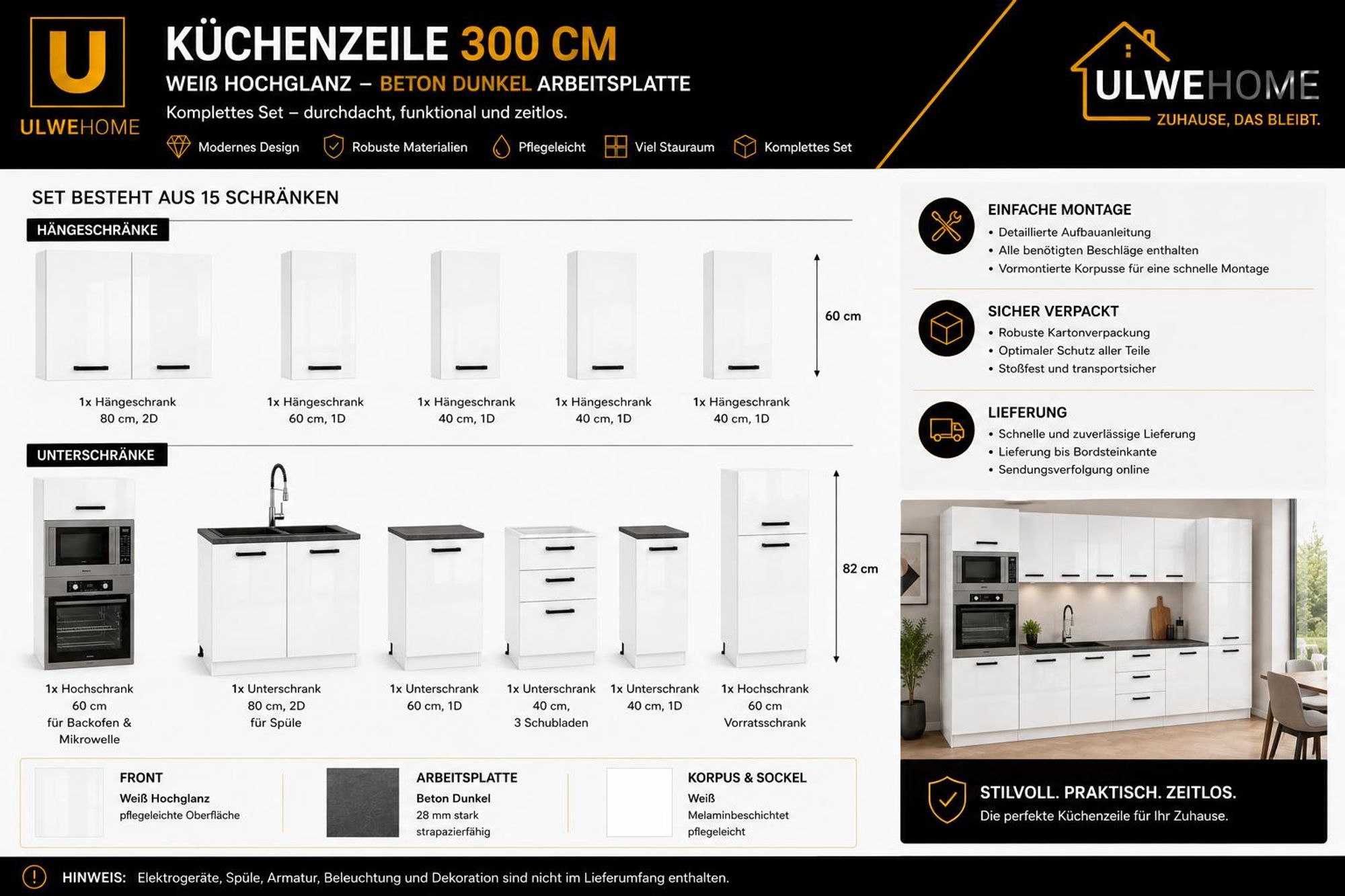 Moderne Küchenzeile 300 cm Weiß Hochglanz: Viel Stauraum