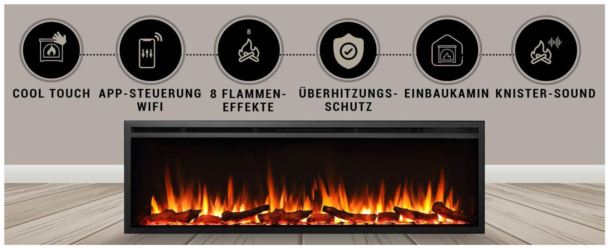 BALDERIA Elektrokamin Atalanta 60" | Einbaukamin, 3D-Flammeneffekt,Ambientebeleuchtung, Heizung 1500W, App, Knistereffekt, Timer, Thermostat | Schwarz