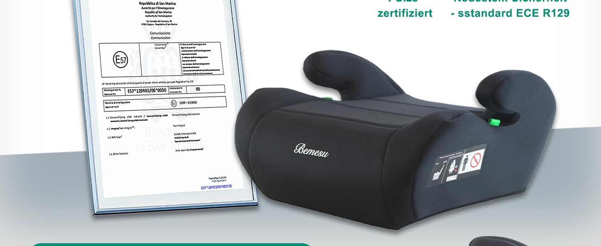 Bemesu Kinder-Autositzerhöhung,ECE R 129 Dreipunkt-Sicherheitsgurt,Booster-Pad,Leicht zu tragen，125–150 cm,6–10 Jahre,Schwarz
