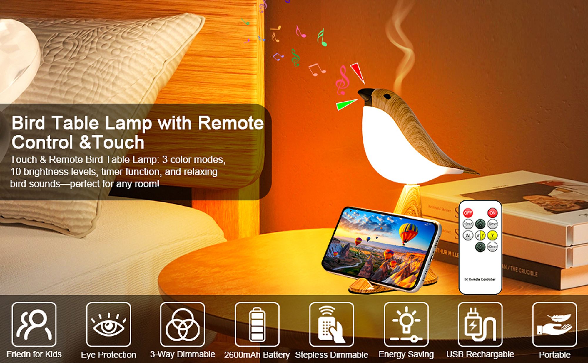 Kleine Vogeltischlampe,2600mAh USB kabellose Lampe,3 Farbtemperaturen,Smartphone Halterung,Aroma Diffusor,Vogelklang,tragbare Nachttischlampe(Gelb)