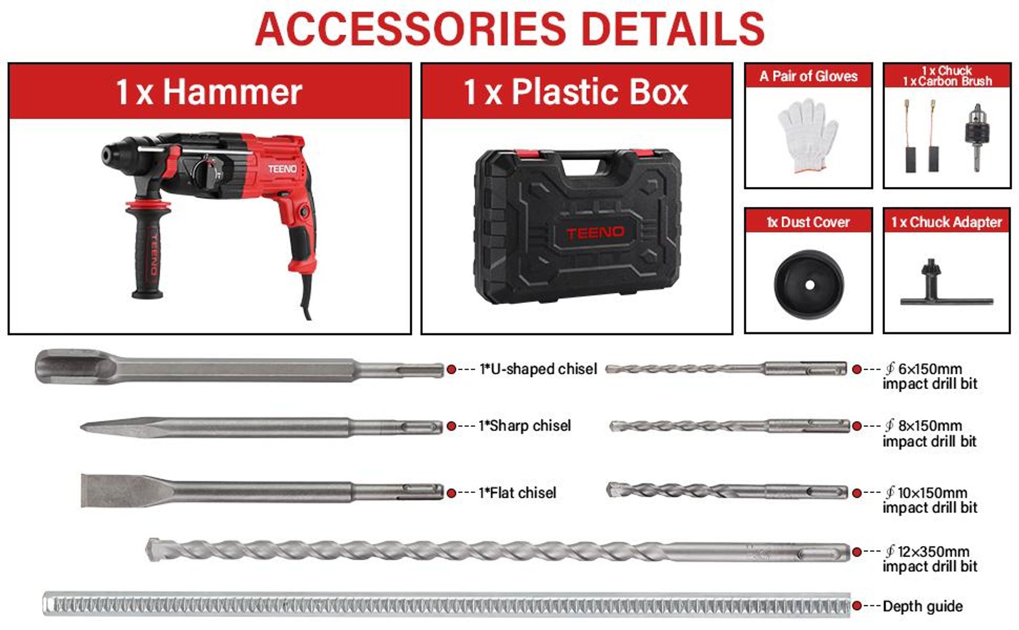 TEENO Bohrhammer 950 W kabelgebundener SDS-Plus mit 17 Zubehörteilen, 0–1150 U/min/5100 BPM Schlagbohrmaschine mit 4 Funktionen und Sicherheitskupplun