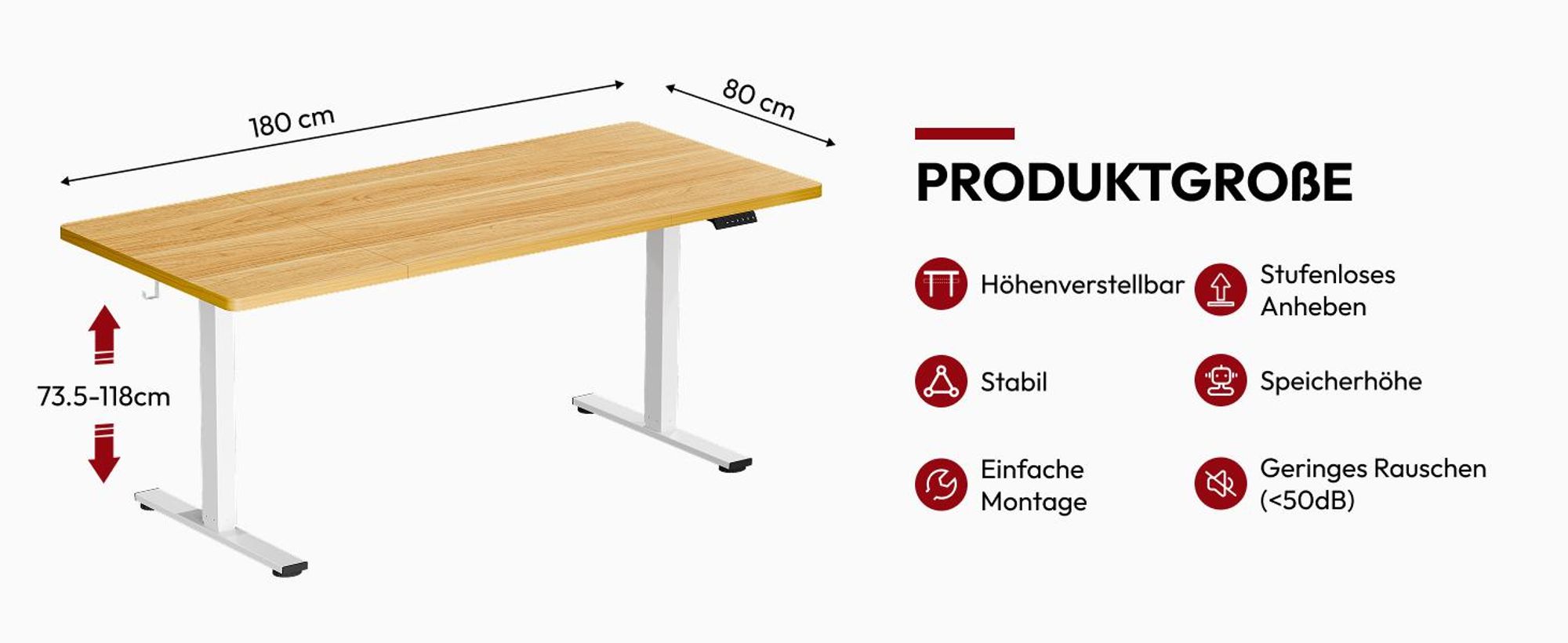 SANODESK Höhenverstellbarer Schreibtisch 180x80cm elektrisch 4 Memory-Funktion, Antikollisionsschutz, 70kg Tragkraft, mit Haken und Ablagebox (Ahorn)