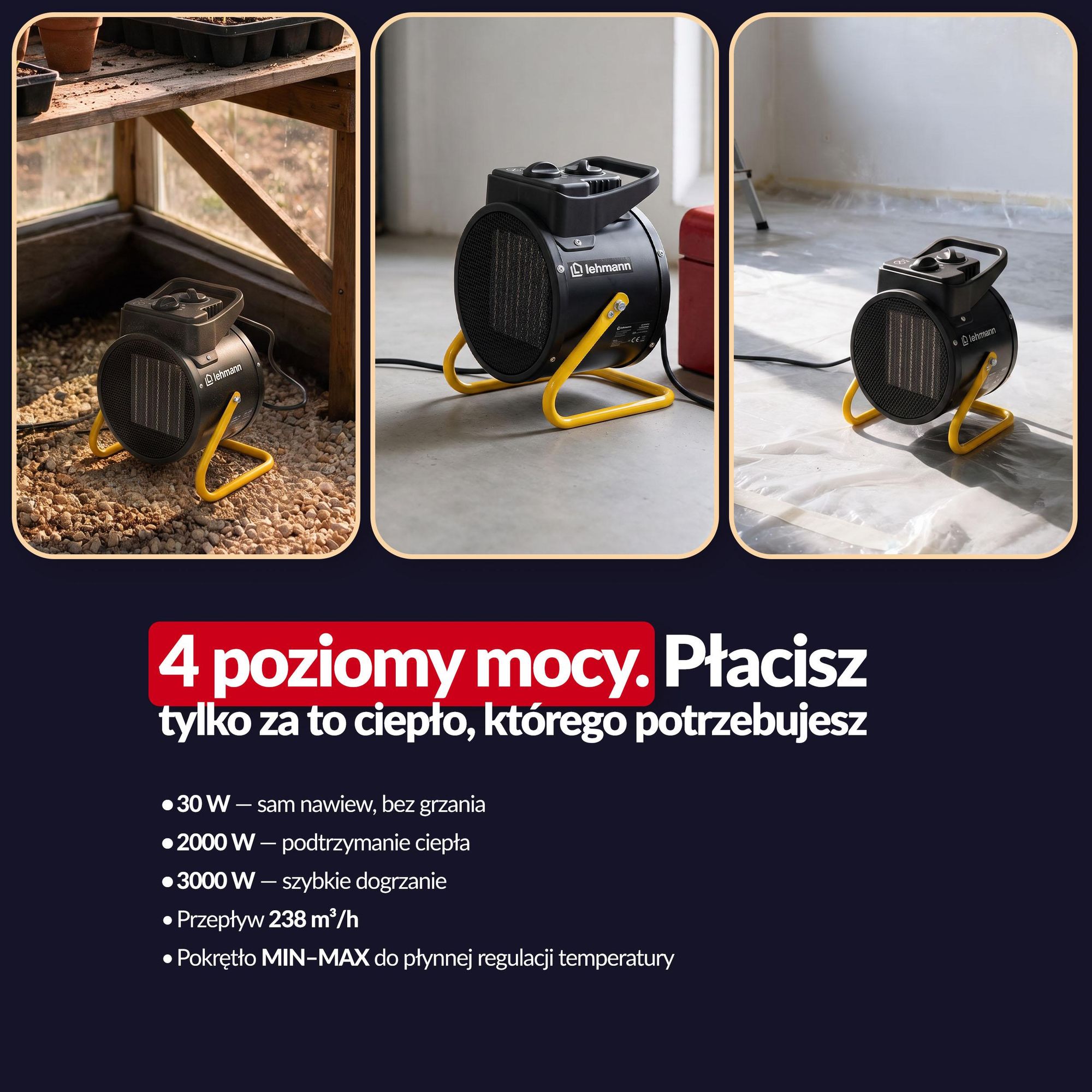 Nagrzewnica, farelka, grzejnik elektryczny Lehmann 3000 W przenośny z termostatem ceramiczny promiennik do warsztatu, garażu, domu, na budowę