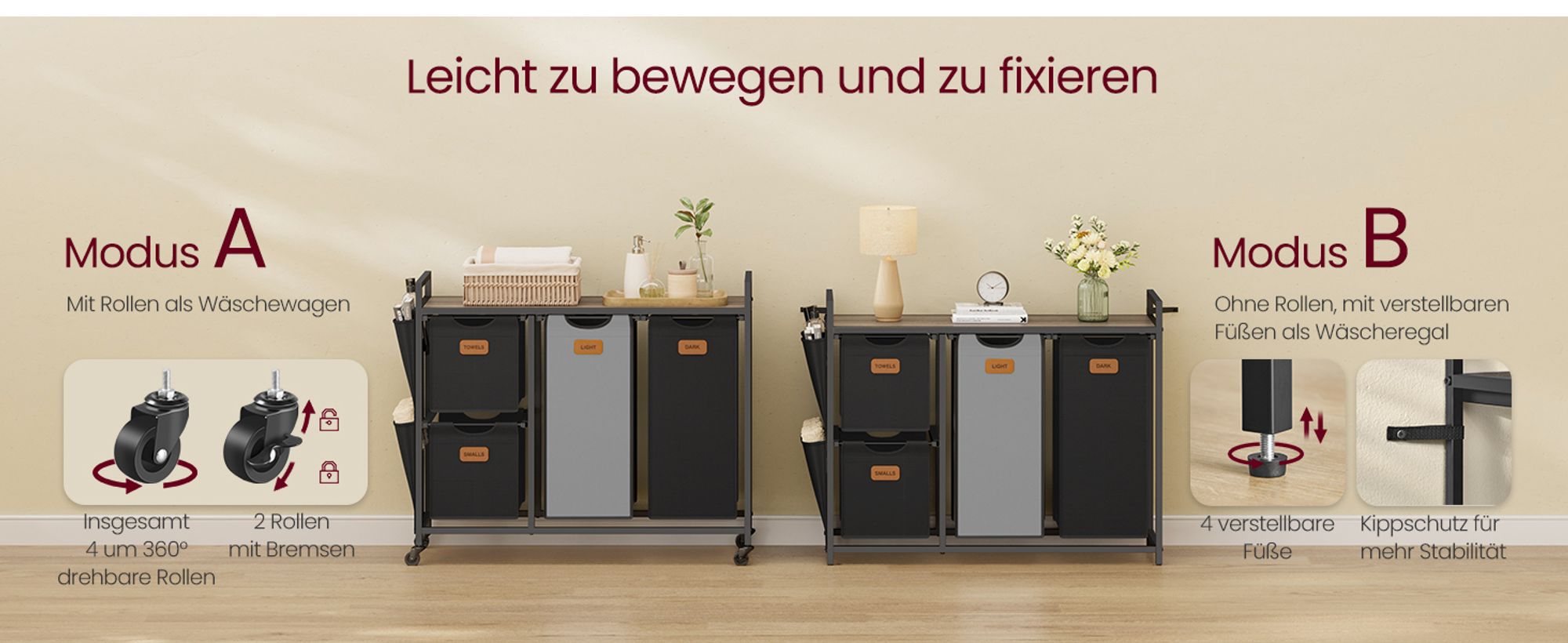 VASAGLE Wäschekorb 4 Fächer, Wäschesammler 150 L,  Wäschewagen mit Ablage