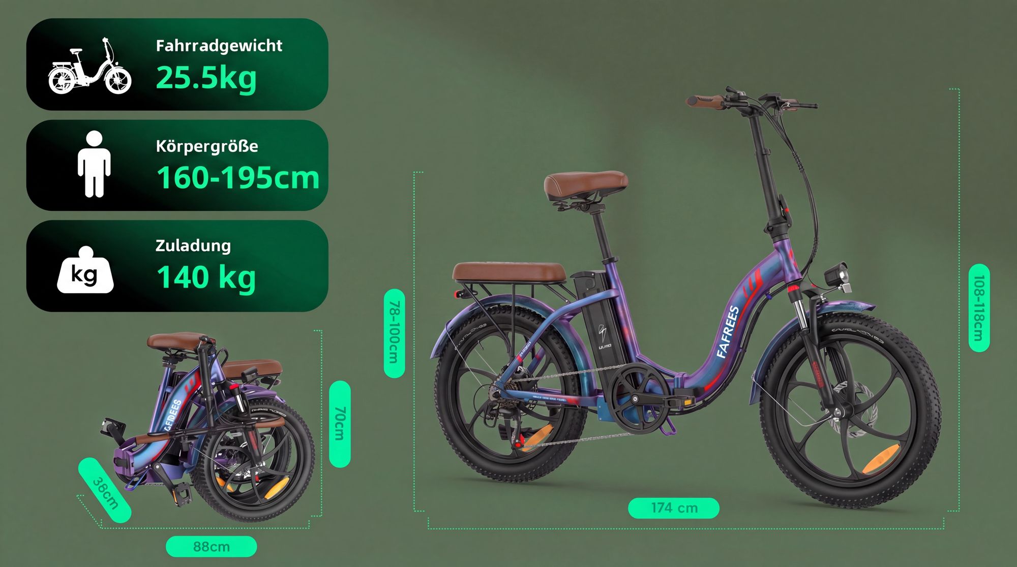 E-bike klapprad Rostfreie Aluminiumlegierung 36 V 20 Ah 720 Wh bis zu 120 -150 km Wasserdicht IPX5 20 zoll 7 Gang, Blau