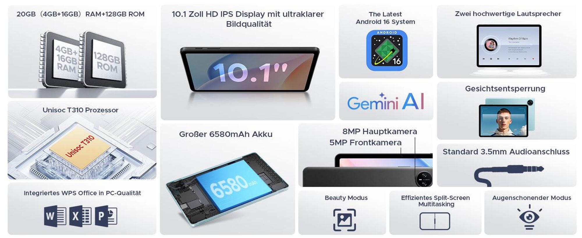 DOOGEE Tab A9 Pro Android 16, 10,1 Zoll, 20(4+16)GB+128GB(bis 2TB erweiterbar), WiFi 5, 6580mAh, Dual-Lautsprecher