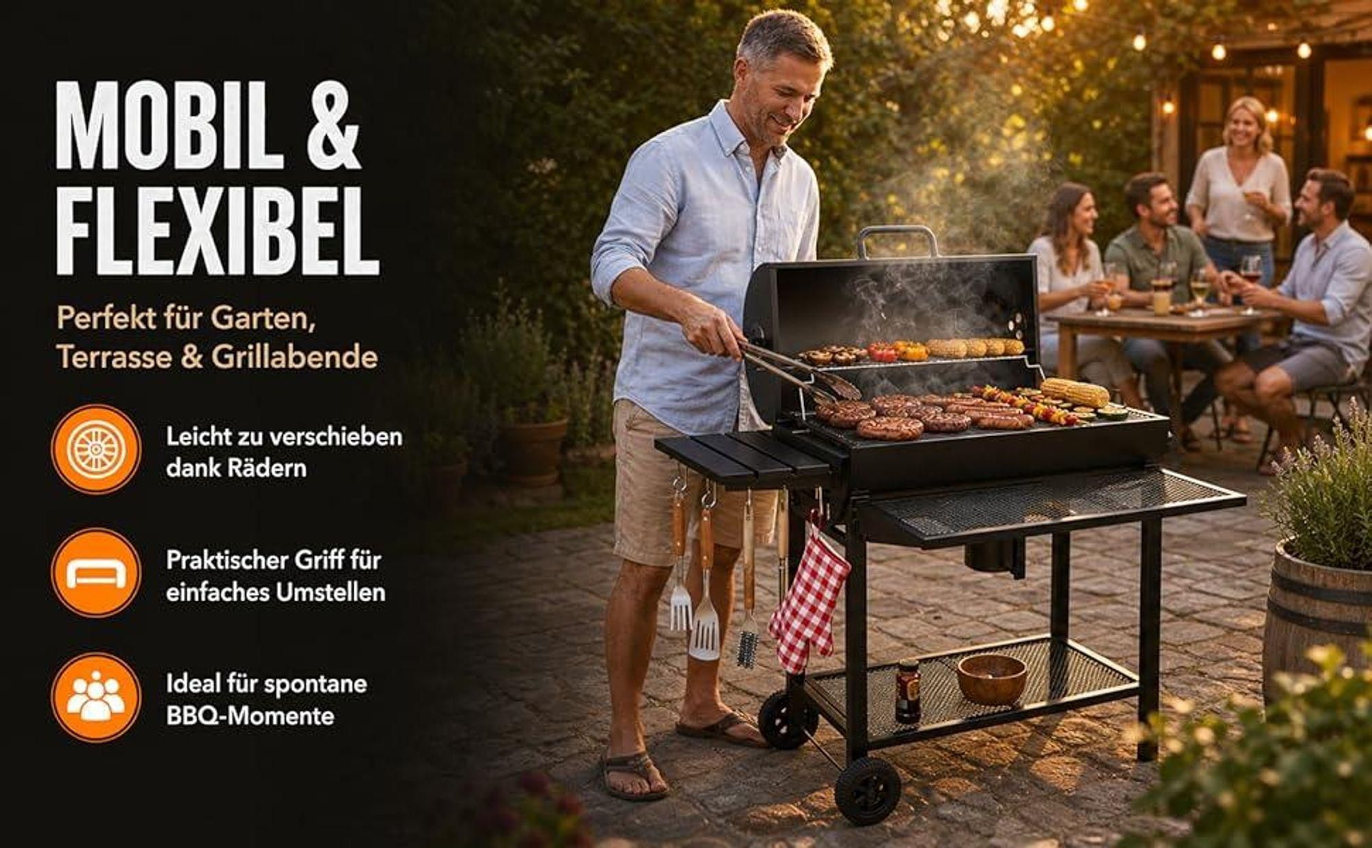 THE BLACK BEAST Holzkohlegrill Grillwagen - Kohlegrill BBQ Smoker mit Deckel, Thermometer und Schorn