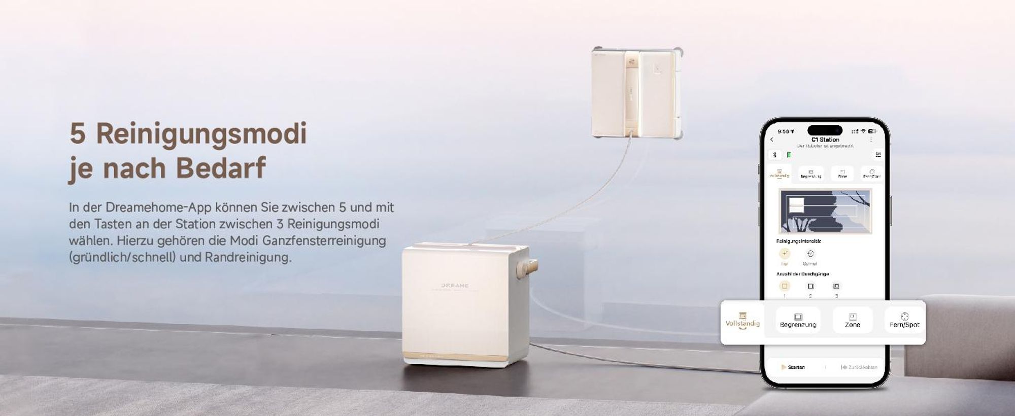 Dreame C1 Station Fensterputzroboter,5500Pa Saugkraft,Stabil und sicher,Nass-und Trockenreinigung,Dual-Spray,CornerClean,Intelligente Navigation,Creme