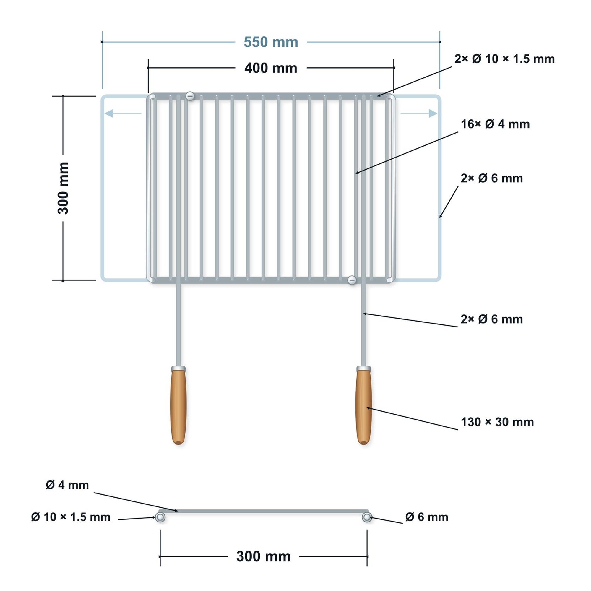 DEOS Verstellbarer Grillrost aus Edelstahl 40–55 × 30 cm mit Holzgriffen – technische Zeichnung