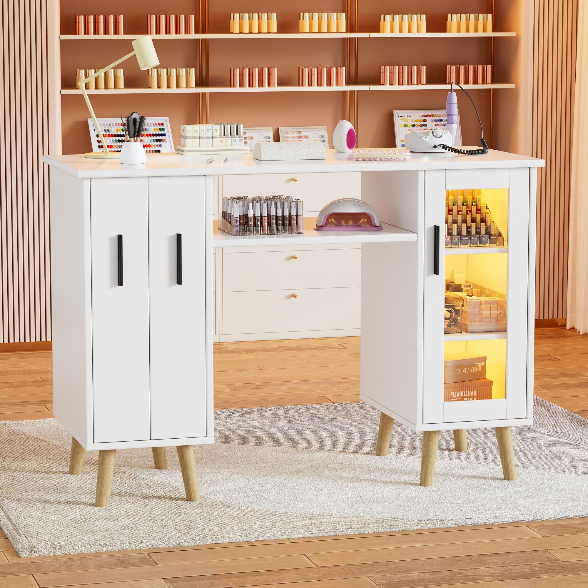 TWSOUL Arbeitstisch Nageltisch mit LED-Beleuchtung – Maniküretisch aus Holz mit 2 Auszugsschränken, 3-stufigem Regalschrank
