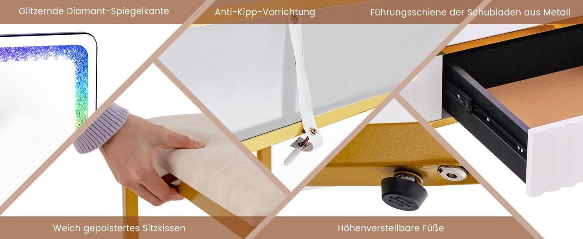 COSTWAY Schminktisch mit LED-Beleuchtung, kabelloser Ladestation, USB-Anschluss & 4 Schubladen, Kosmetiktisch mit Hocker, Weiß