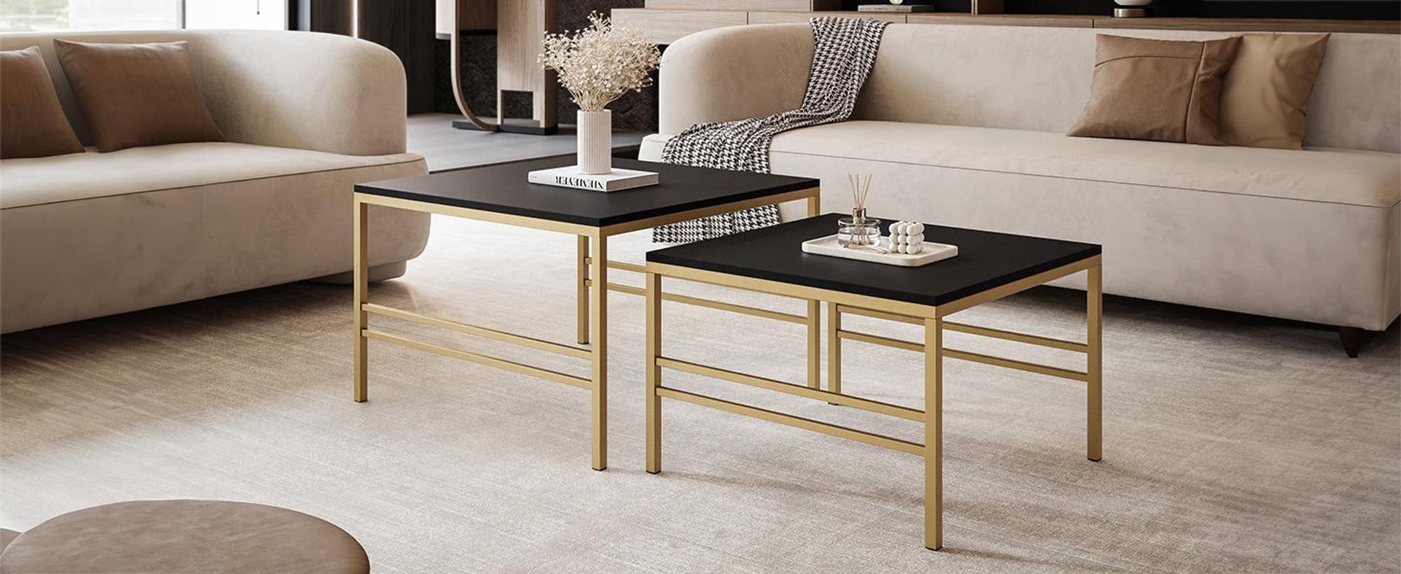 Idohome - Moderner Couchtisch FORMA 2in1 70/60 cm für das Wohnzimmer 2er Set mit Metalgestell Kaffeetisch Wohnzimmertisch Gold / Schwarz Matt