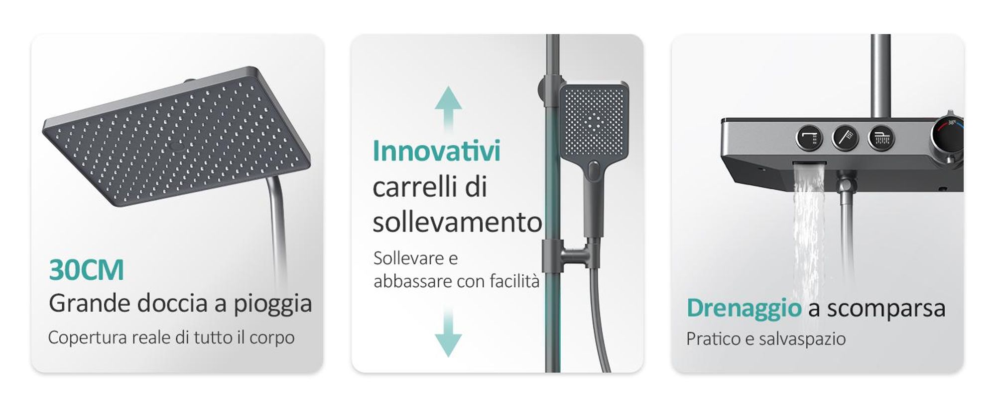 Sistema doccia EMKE con termostatico mensola in vetro doccetta 3 modalità di getto doccia a pioggia, rubinetteria per vasca e doccia,  KTW, grigio - F09