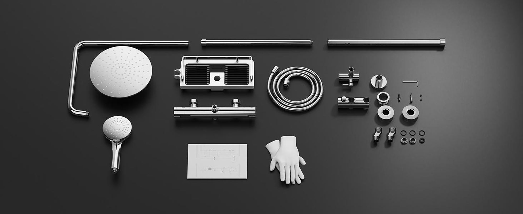 Duschsystem mit 38 °C Thermostat Edelstahl & Regal, Edelstahl Duscharmatur Set mit Handbrause & Kopfbrause, 3 Strahlarten, Höhenverstellbar, Chrom