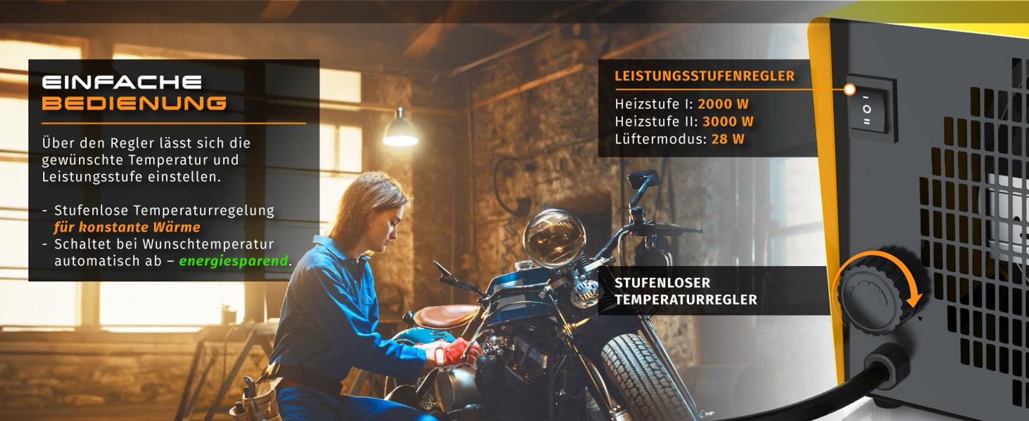Brandson Baustellen-Heizlüfter 3000 W, einfache Bedienung mit stufenlosem Thermostat