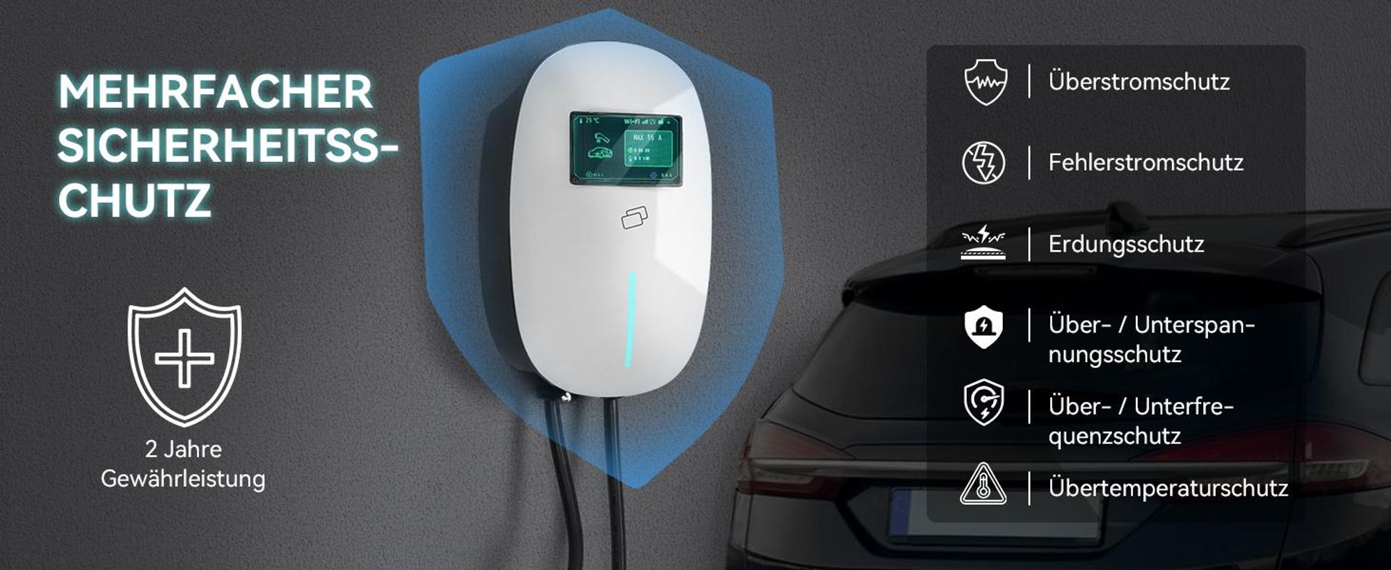 Puluomis Wallbox Ladestation 11kW Ladekabel 7m Typ 2 mit Halter,EV Ladegerät 3-phasig 6-16A einstellbar, IP65 Wasserdicht mit Wlan & Bluetooth weiß