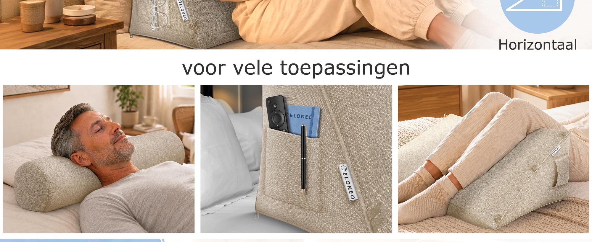 ELONEO rugkussen met afneembaar neksteun en zijvak, rugsteunkussen met wasbare hoes