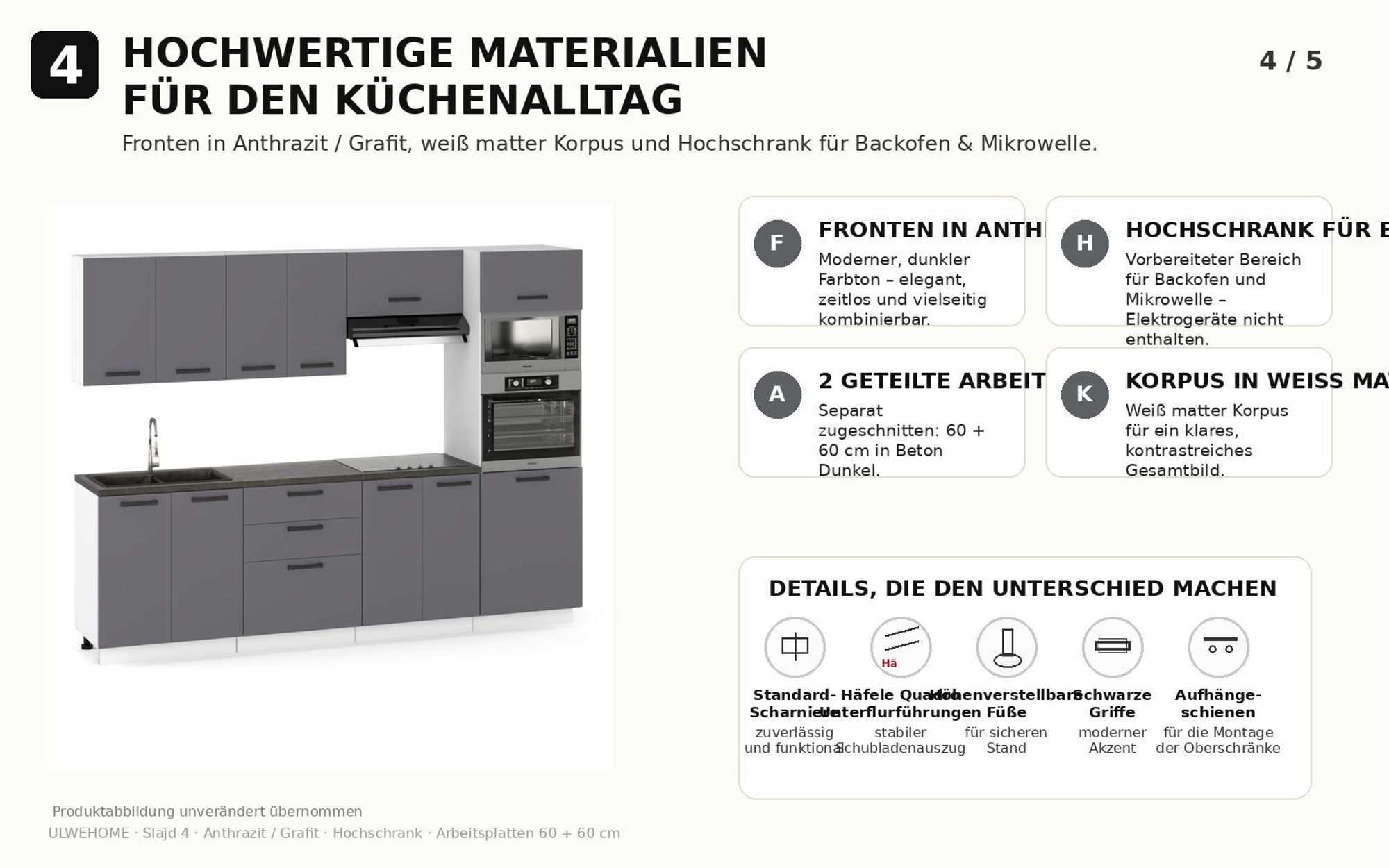 Anthrazit/Grafit Fronten, weiße Korpusse und schwarze Griffe im modernen Design.