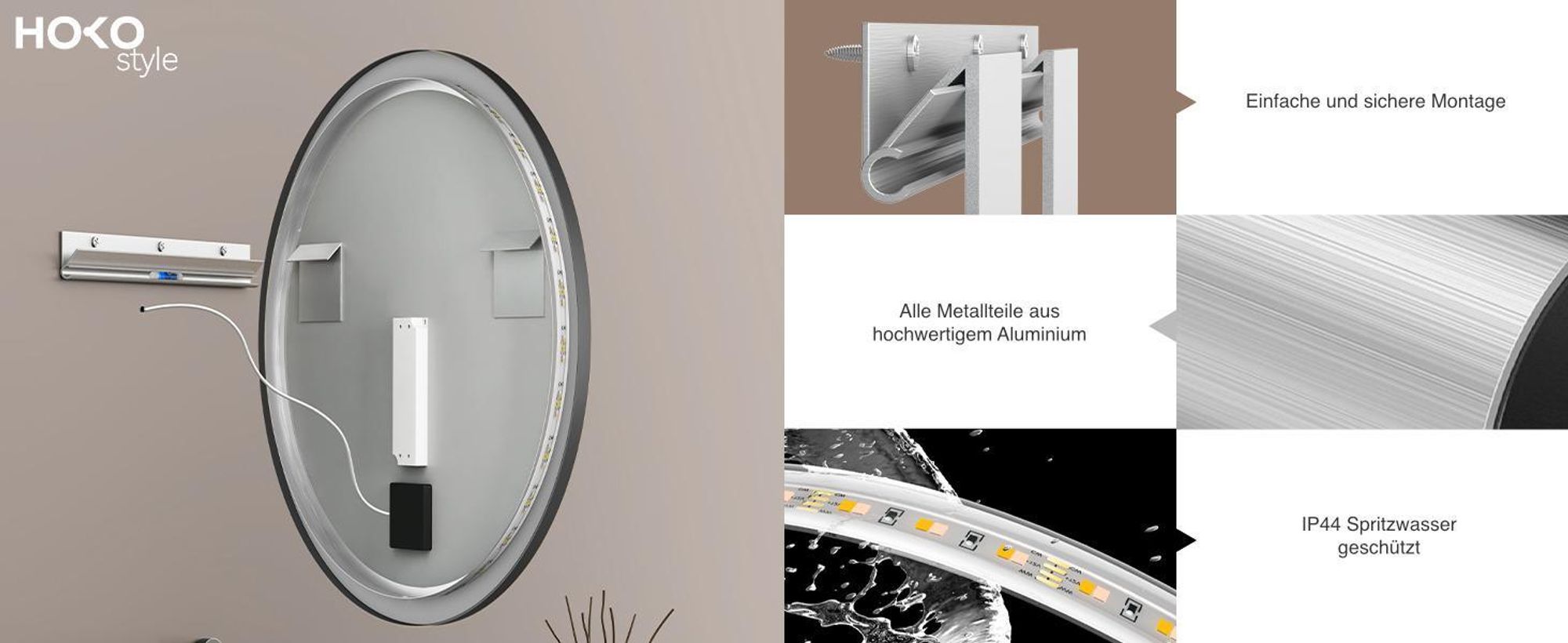 HOKO Design Badspiegel rund 80 cm Amsterdam mit Energiesparend LED Beleuchtung und Metall Rahmen Schwarz. Touch Schalter.