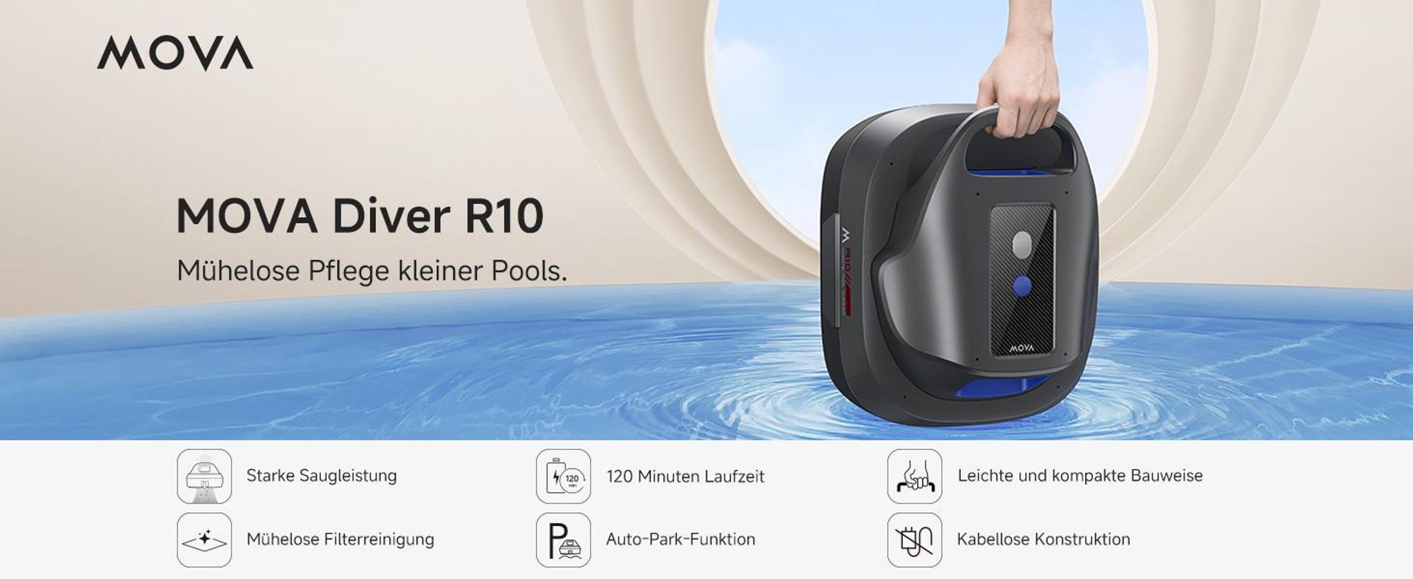 MOVA Diver R10 Poolroboter kabellos, 5700 l/h Saugleistung, 120 Min Laufzeit, automatisches Parken, für oberirdische Pools bis 80 m²