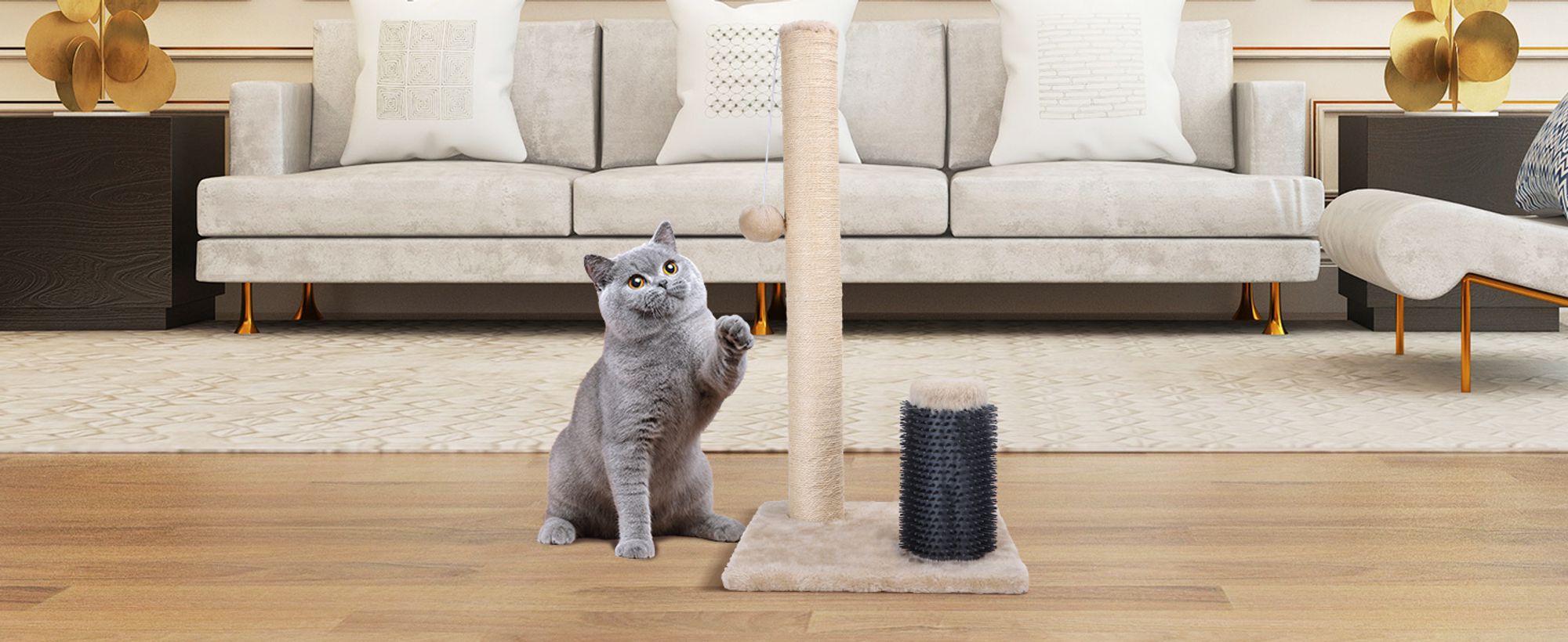 Katzenkratzbaum mit Bürste,Kratzsäule für Katze Kratzstamm aus Jute und Widerstandsfähigem Stoff mit Plüschball