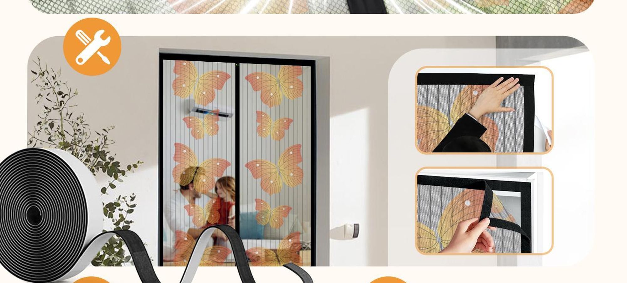 Fliegengitter für Balkontür mit Schmetterlingsmotiv – Magnetisch, Ohne Bohren, Insektenschutz für Balkon, Terrassentür Schwarz 100 x 220 cm