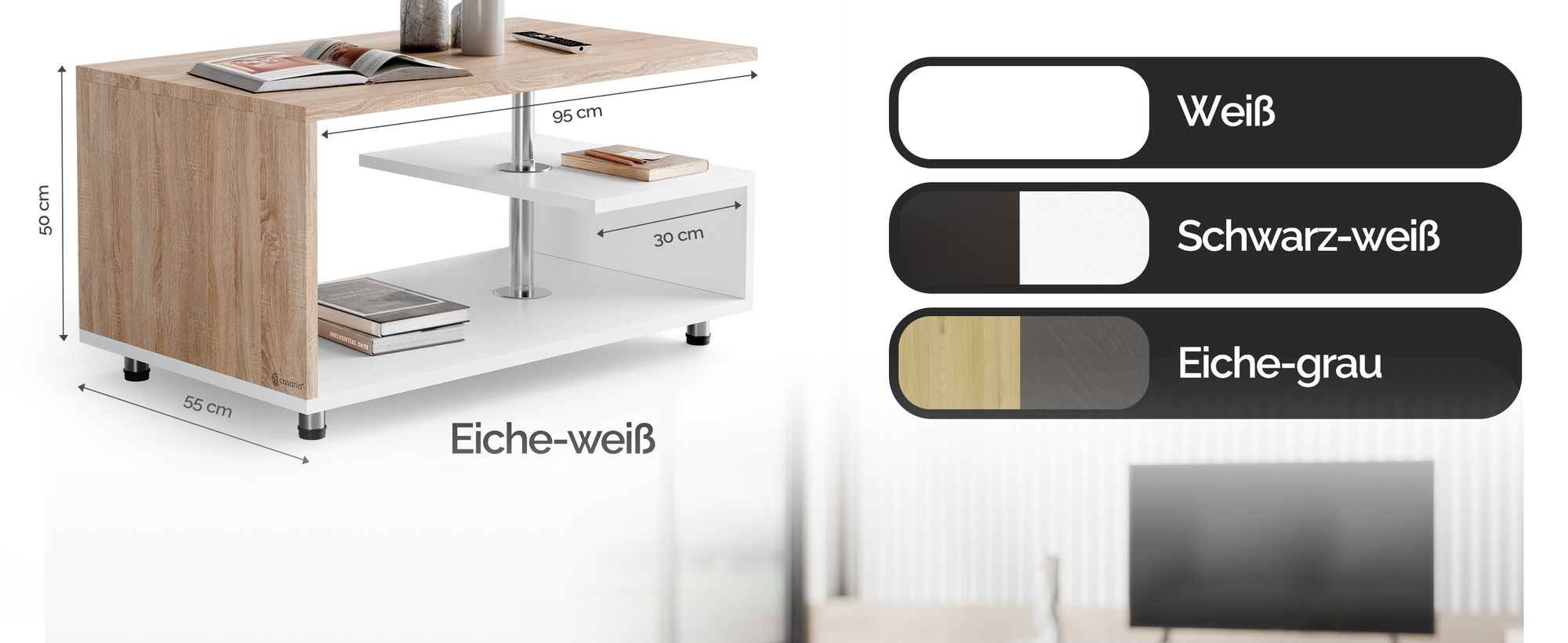CASARIA® Couchtisch Weiß Eiche Holz mit Stauraum 95x55cm Edelstahl Füße Höhenverstellbar Ablage Modern Rechteckig Beistelltisch Wohnzimmer Tisch Couch