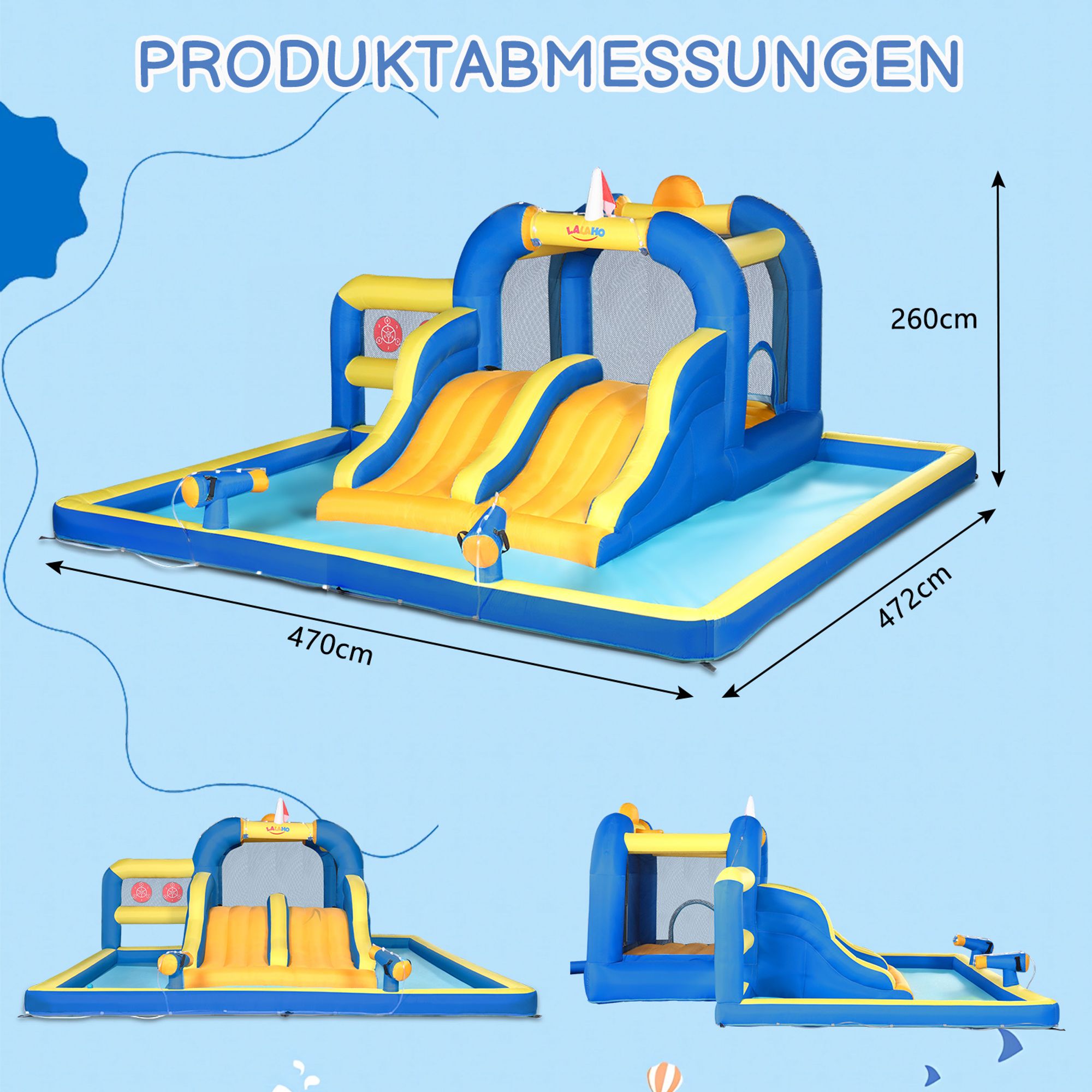 FCH Aufblasbare Hüpfburg mit Gebläse,Wasserrutsche aufblasbar Spielpool Wasserspielcenter Wasserpark, 470 x 472 x 225 cm