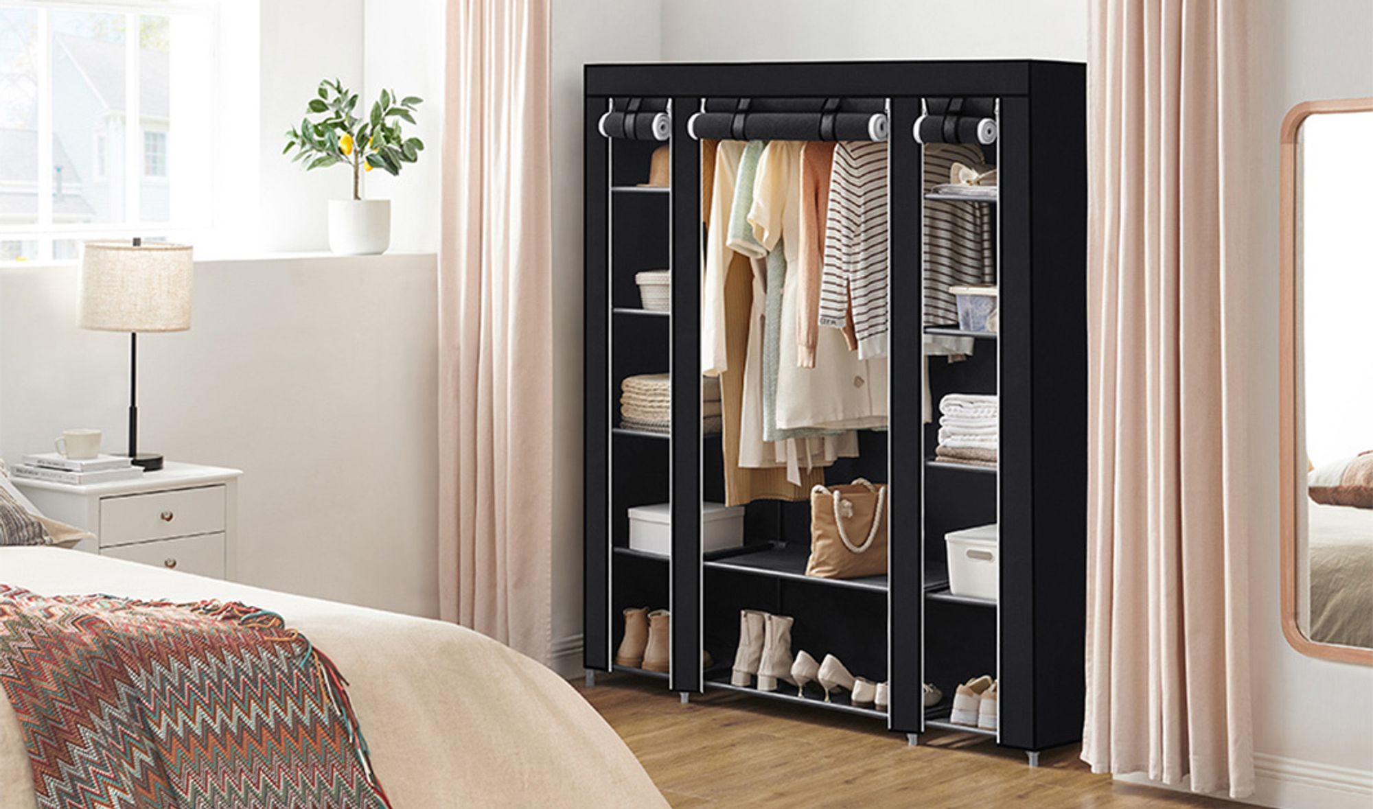 SONGMICS Kleiderschrank mit Kleiderstange 12 Ablagen