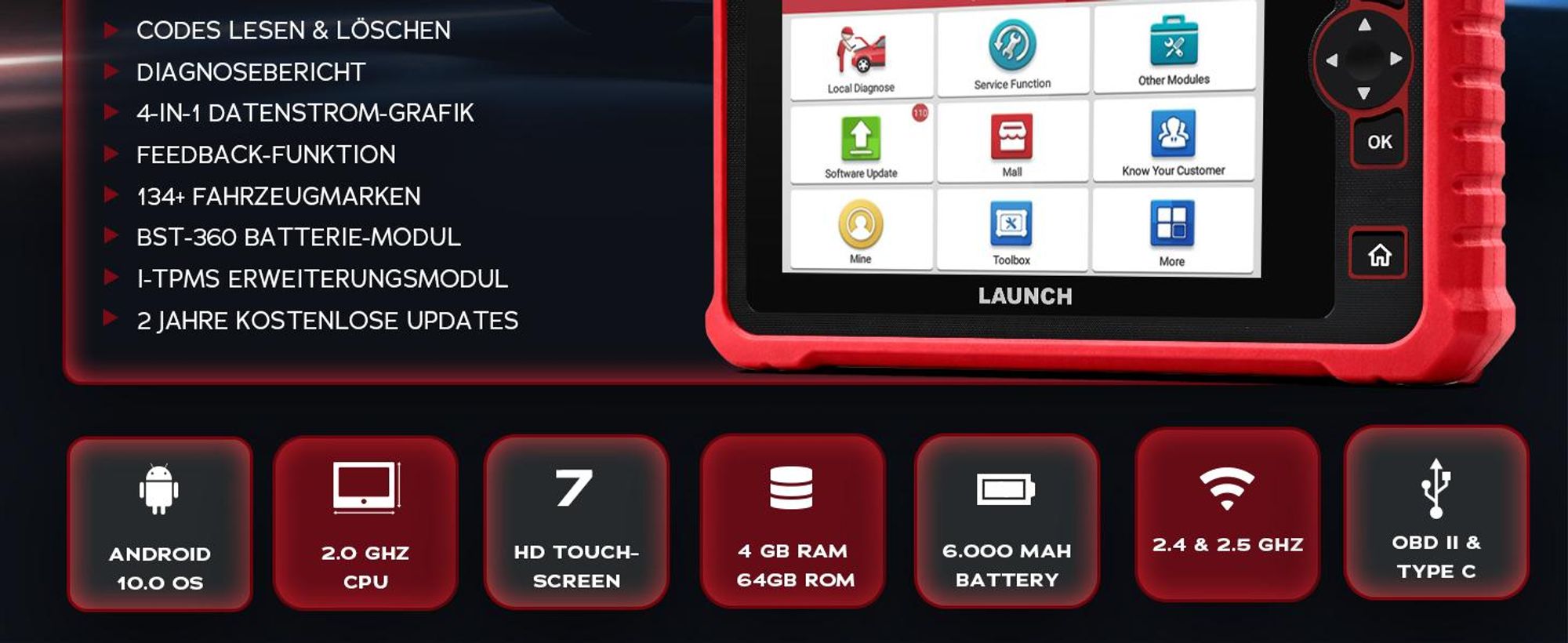 LAUNCH CRP919S OBD2 Diagnosegerät Auto,Vollsystem-Diagnose mit 35 Servicefunktionen, Aktivtests und Ferndiagnose