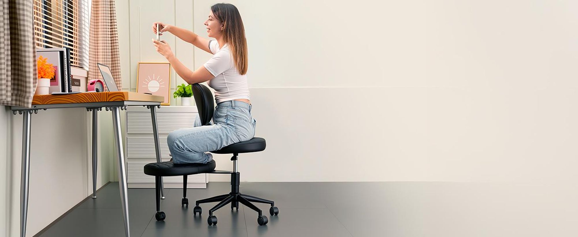Drehstuhl, Bürostuhl mit Kreuzbeinen,Ergonomischer Kniestuhlm,360° drehbar, Schwarz, Kunstleder mit Karomuster