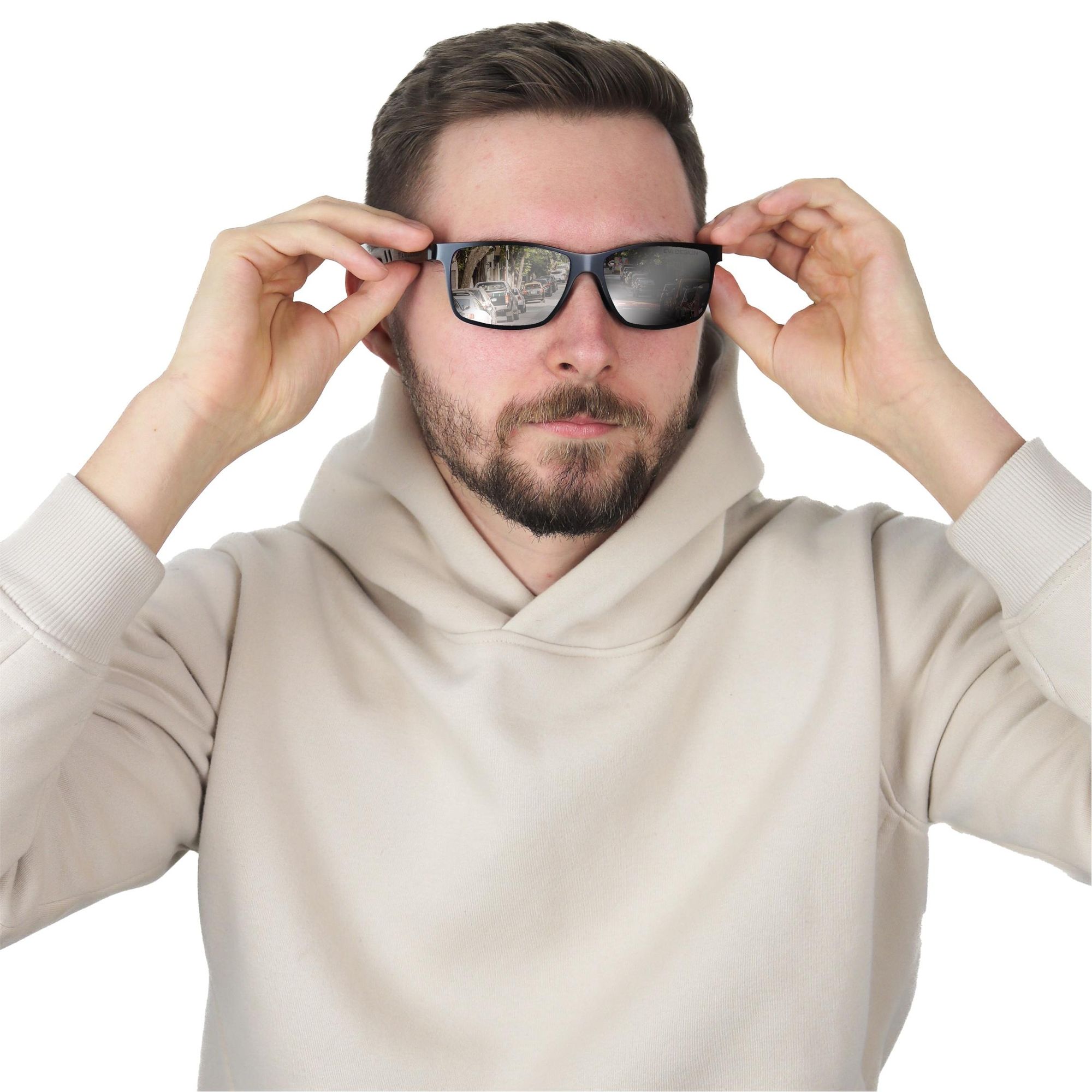Sonnenbrille Herren Polarisiert UV400, Silber Verspiegelt Holz Sonnenbrille Nerd-Stil, Walnussholz-Bügel inkl. Etui & Zubehör, EVI DESIGN Silver