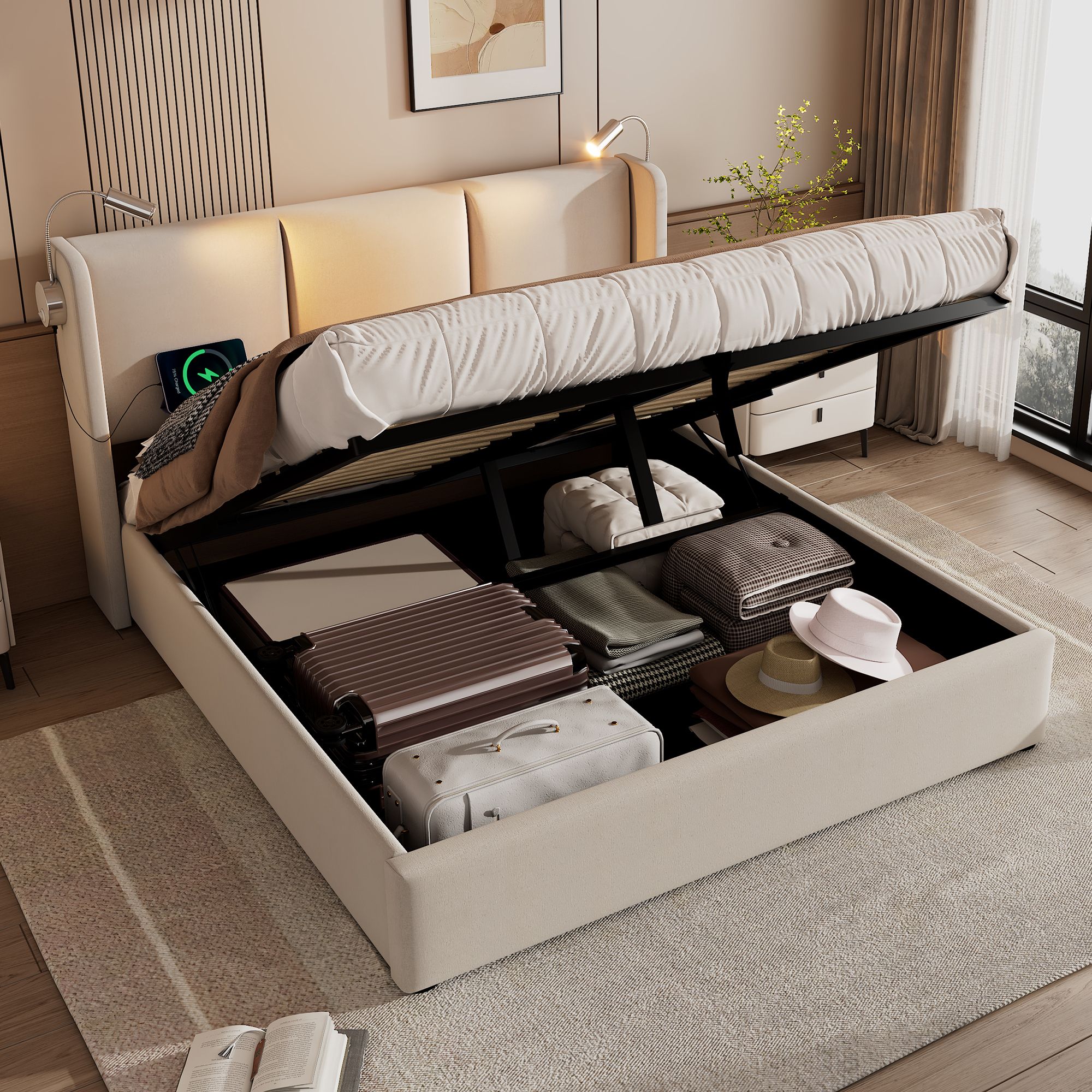 Flieks Polsterbett 160x200cm mit Lattenrost, Boxspringbett mit Leselichte und USB, Doppelbett Stauraumbett Funktionsbett, PU, Beige