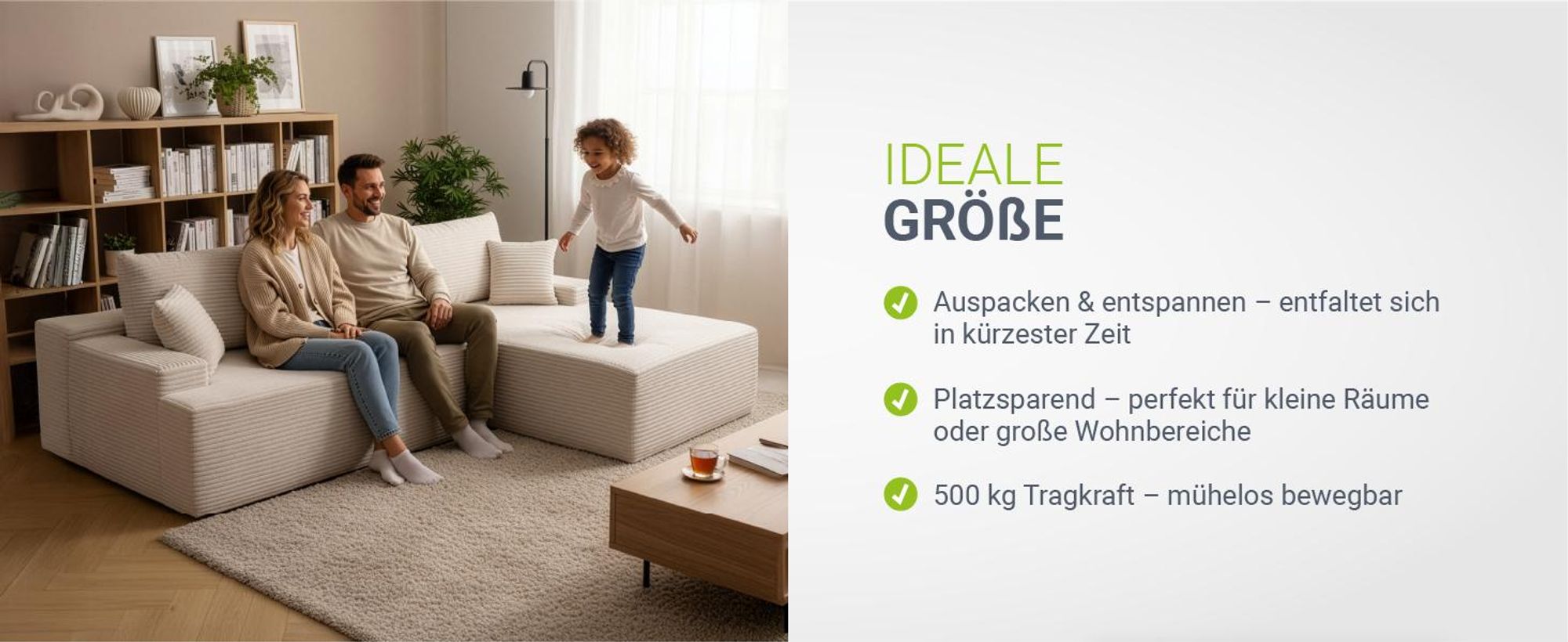 Juskys Sofa Coredo - Beige, moderne Couch aus Cord mit Kissen, Ottomane rechts