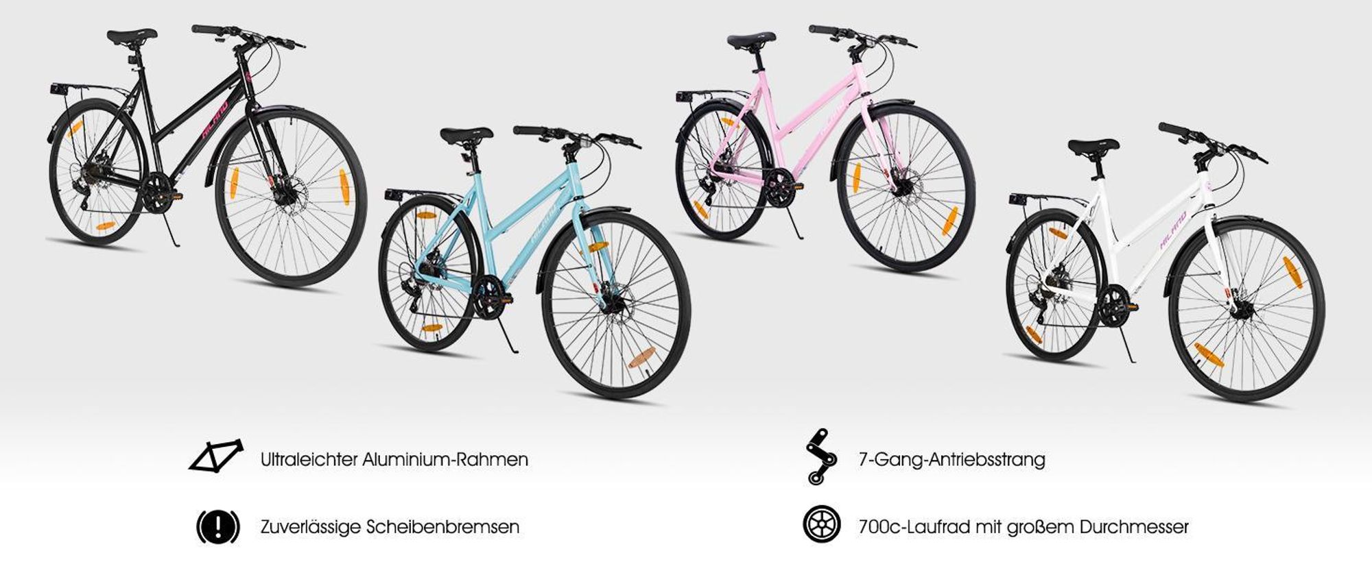 HILAND Cityrad 700C Herren Damen Student Aluminiumlegierung Pendler Stadtfahrrad, 7-Gang, mit Schutzblechen, Gepäckträger, Mechanische Scheibenbremse