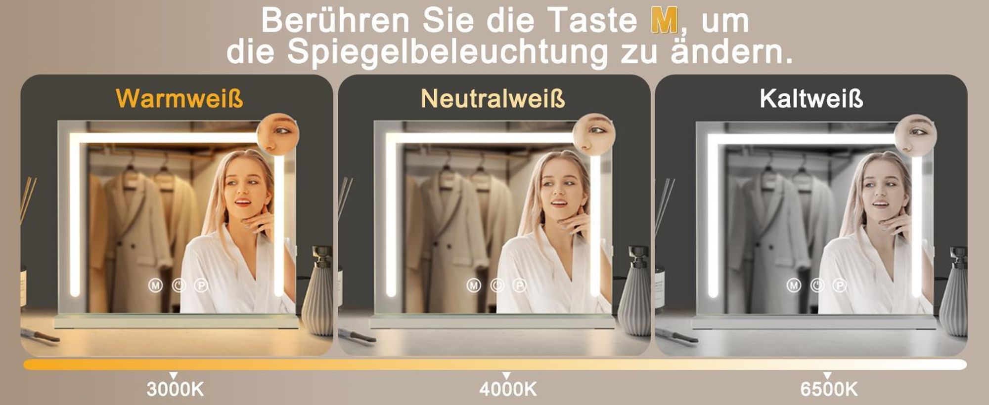 ZMH Lustro kosmetyczne z oświetleniem 80 x 60 cm Lustro kosmetyczne z oświetleniem Touch Dimmbare LED 3 tryby kolorów światła 5-krotne powiększenie lustra Złącze USB
